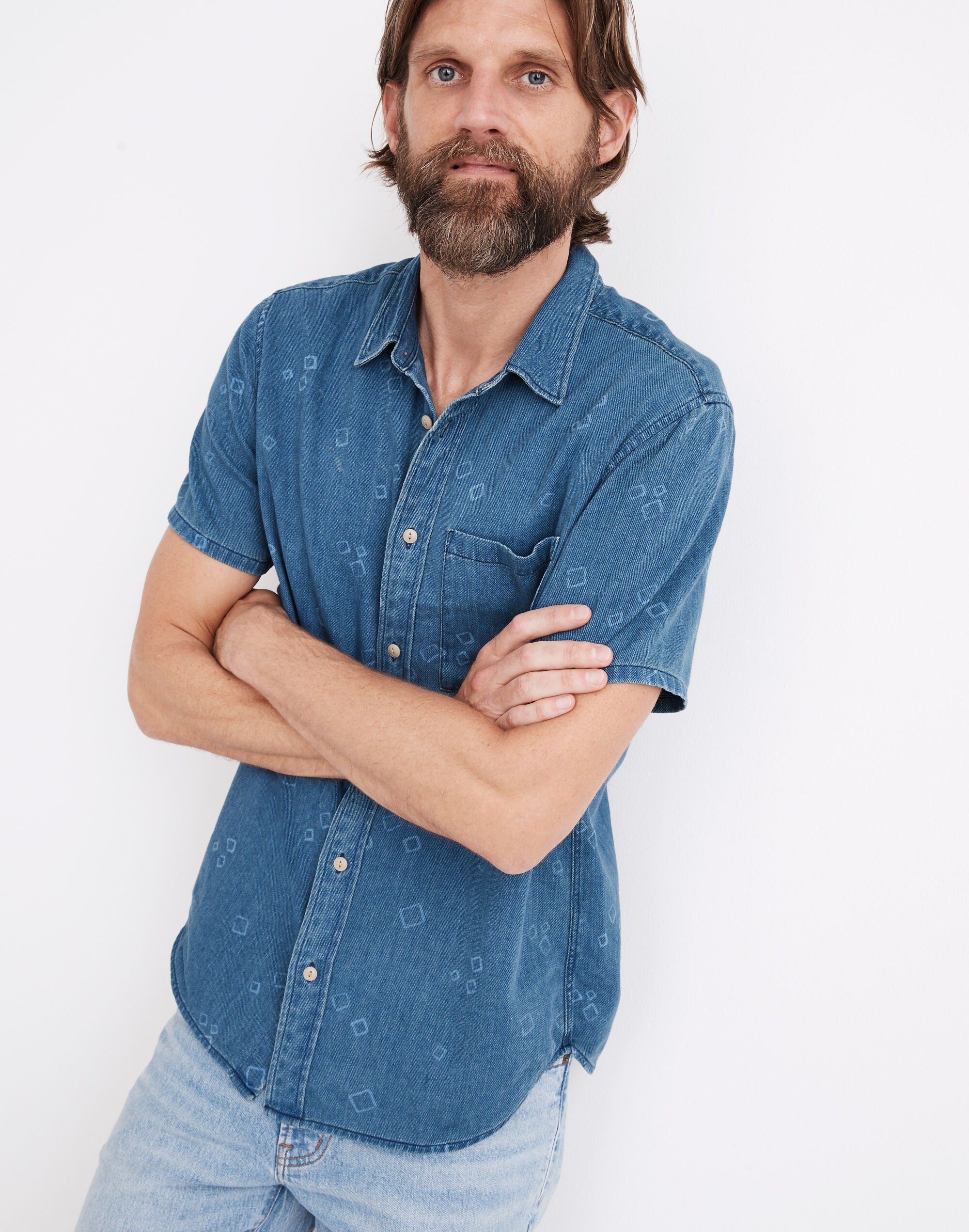 Indigo Perfect Short-Sleeve Shirt in Mini Squares