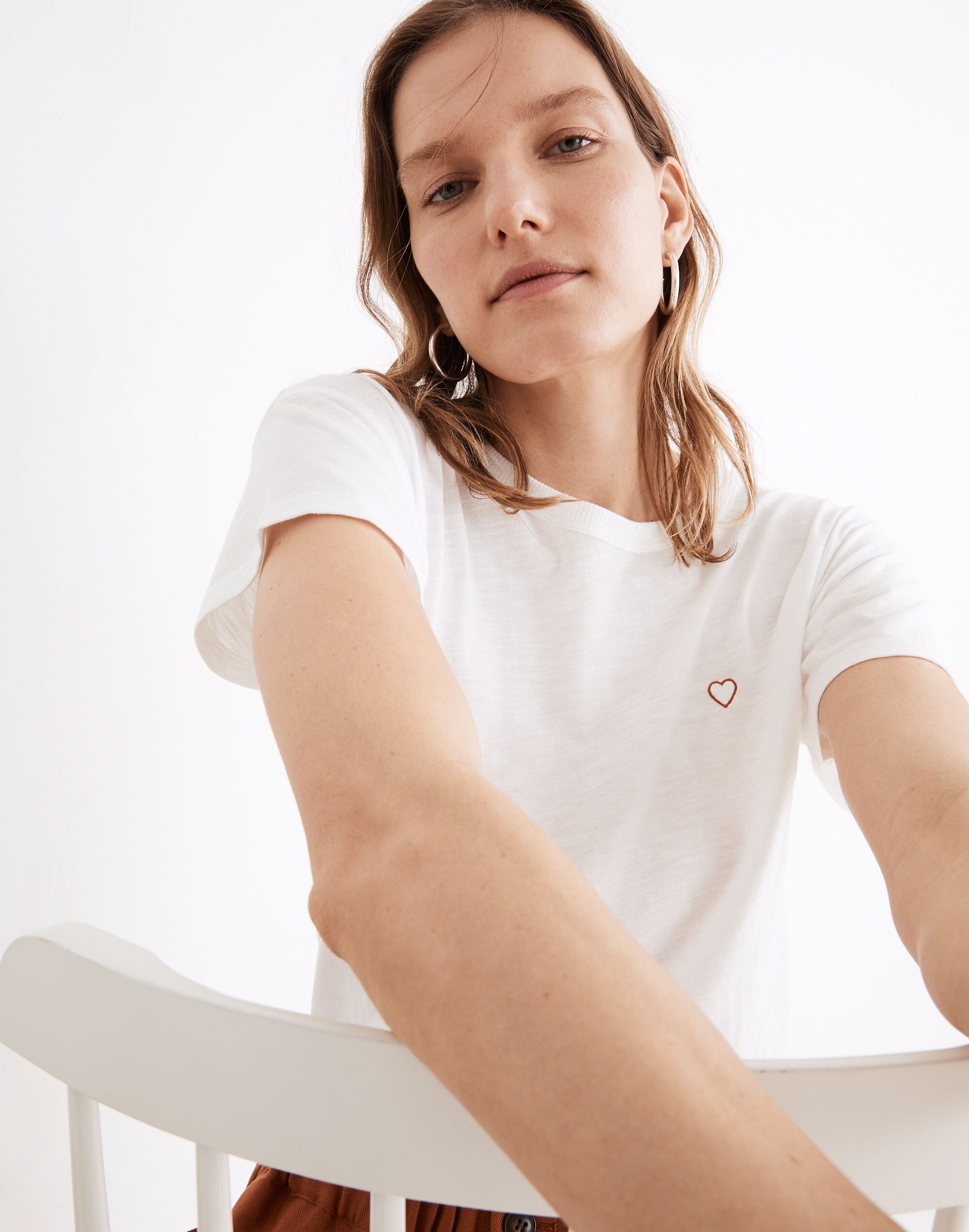 Heart Embroidered Whisper Cotton Rib-Crewneck Tee