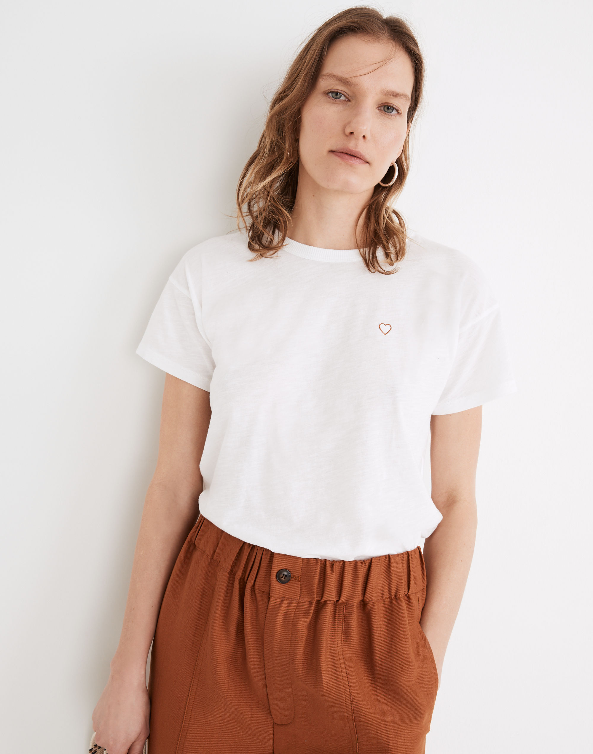 Heart Embroidered Whisper Cotton Rib-Crewneck Tee