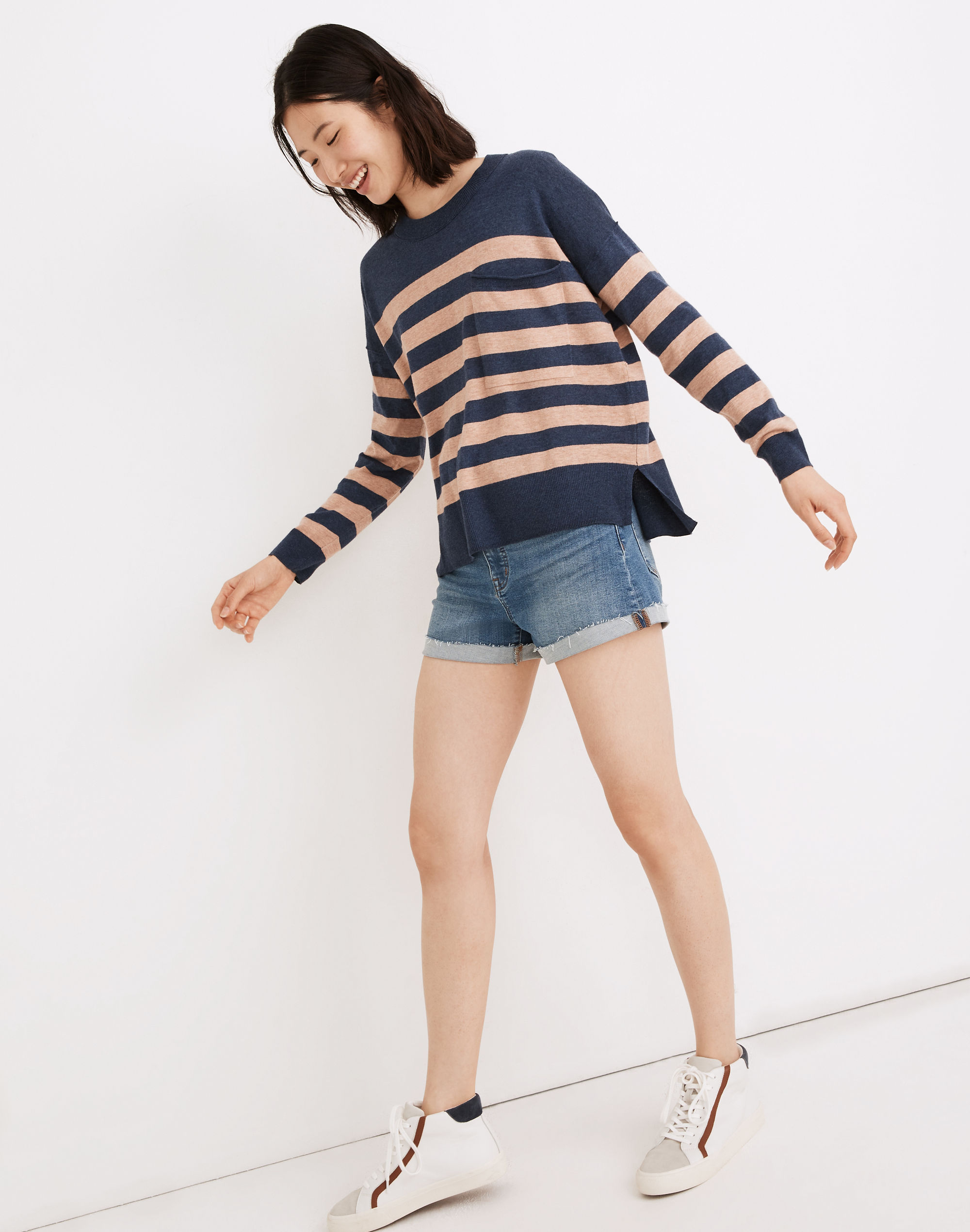Lightweight Pocket Pullover Sweater in Stripe