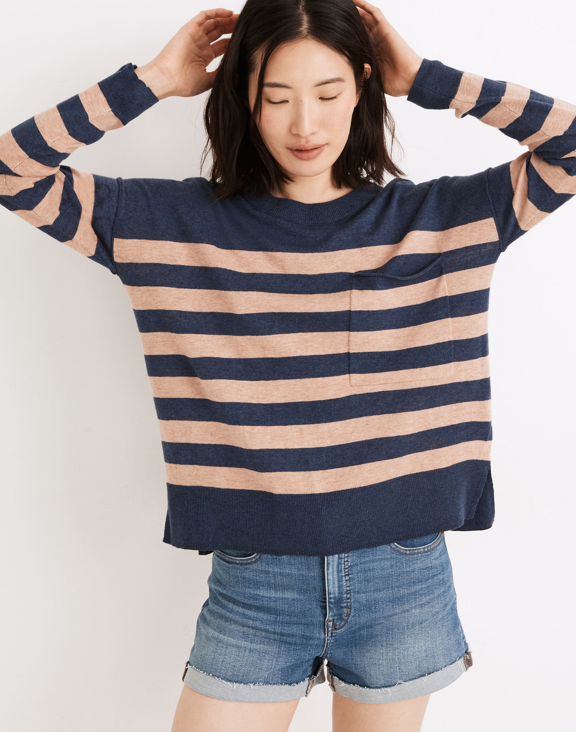 Lightweight Pocket Pullover Sweater in Stripe