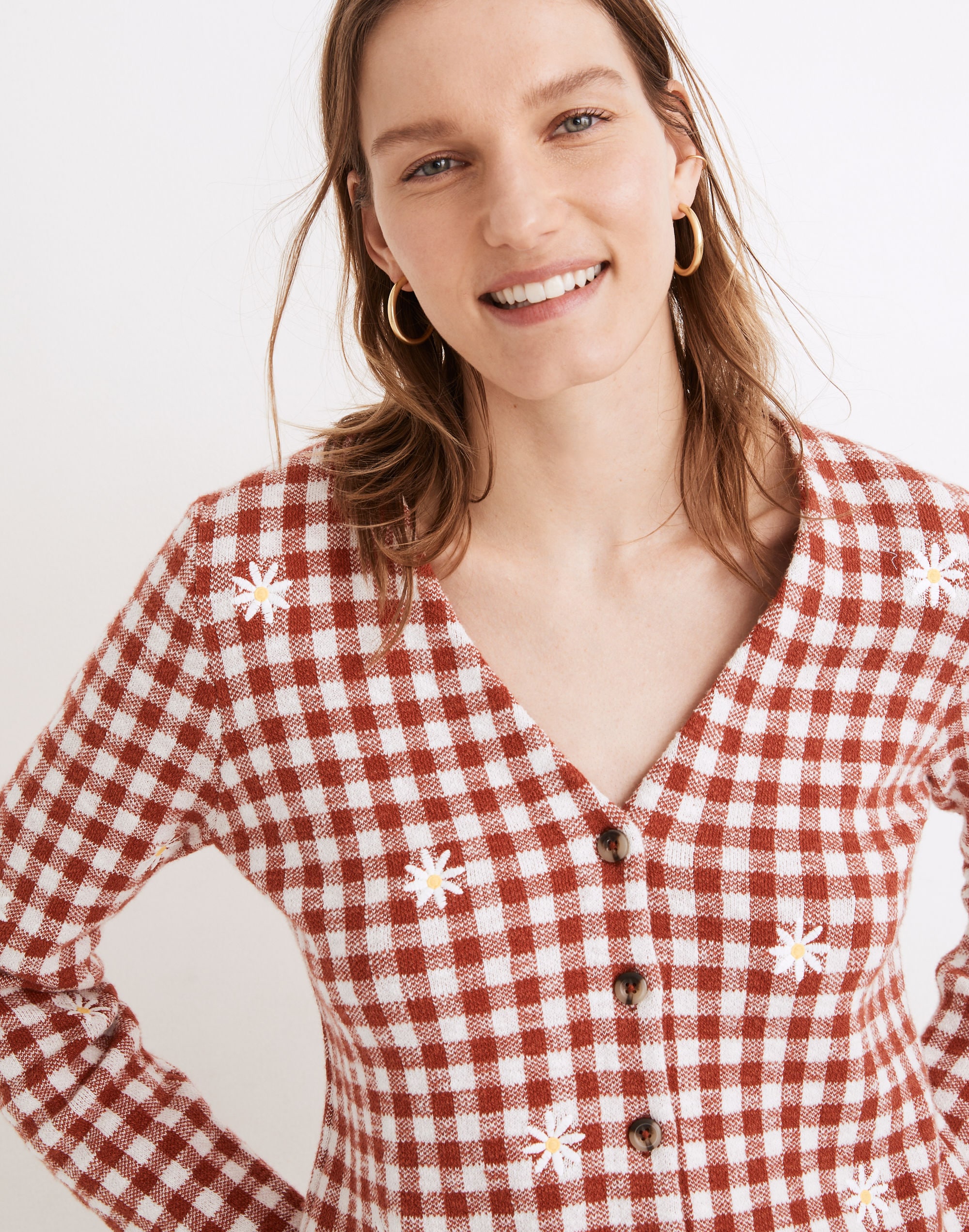 Daisy Embroidered Gingham Cardigan Sweater