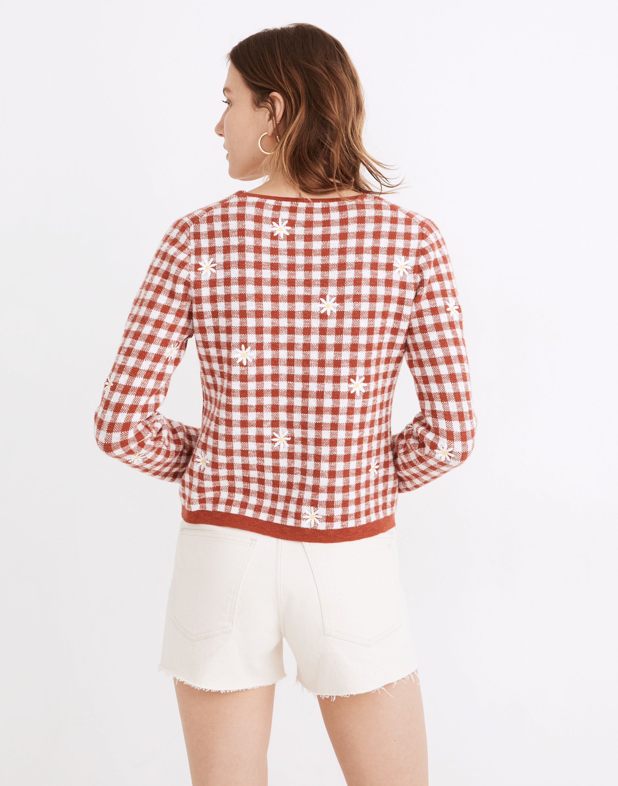 Daisy Embroidered Gingham Cardigan Sweater