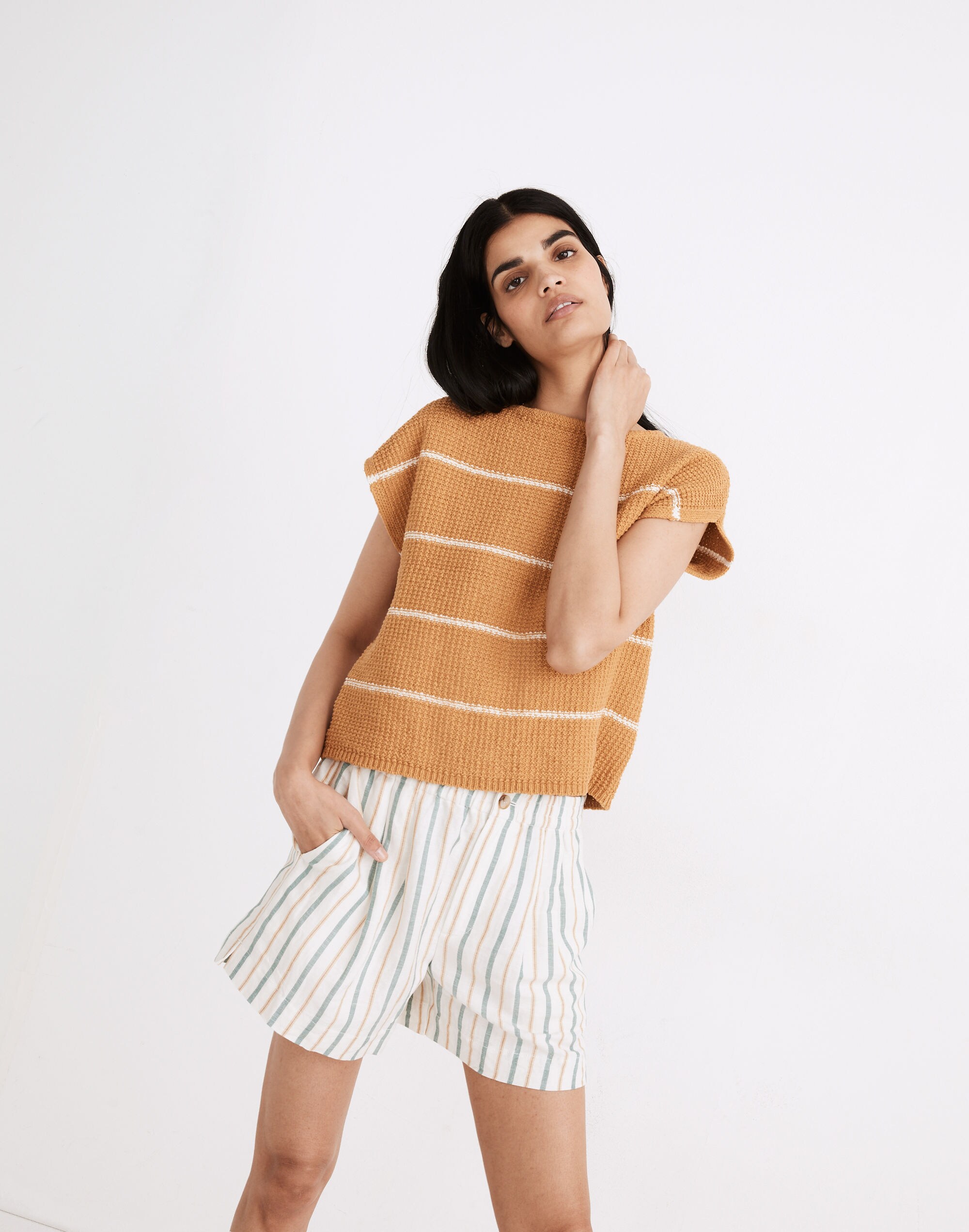 Boatneck Button-Back Sweater Tee in Stripe