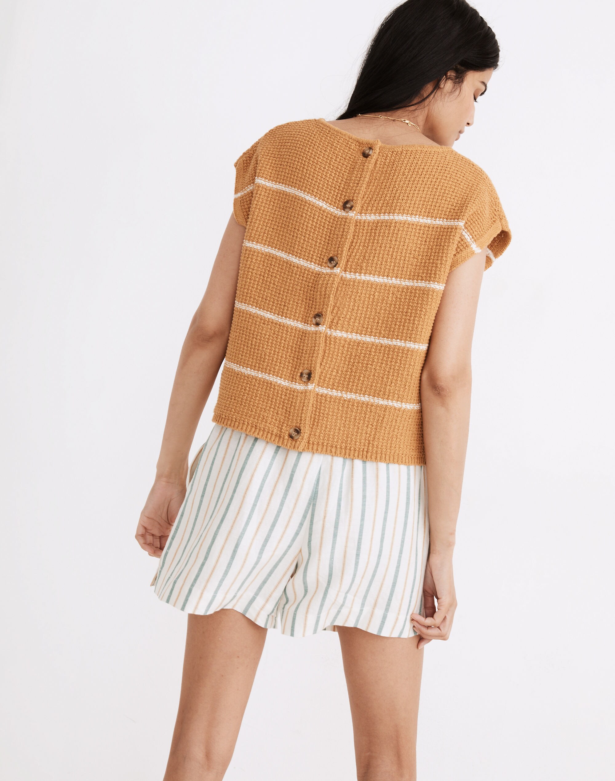 Boatneck Button-Back Sweater Tee in Stripe