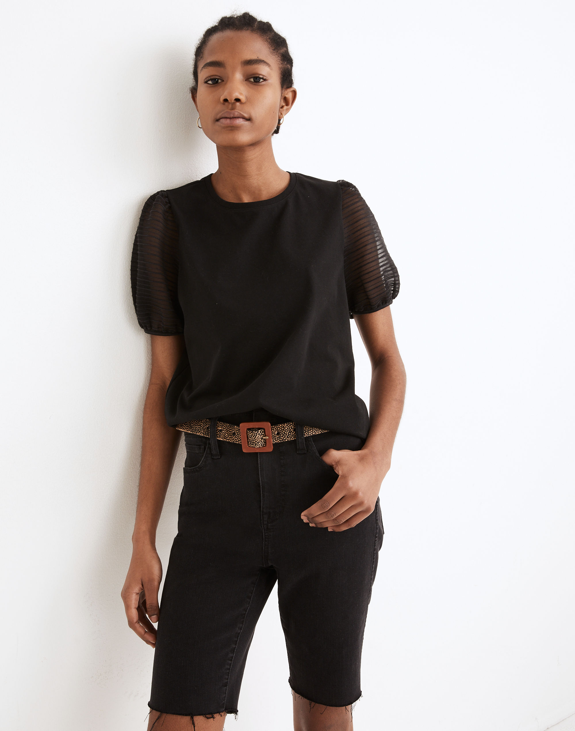 Striped Sheer-Sleeve Knit Top