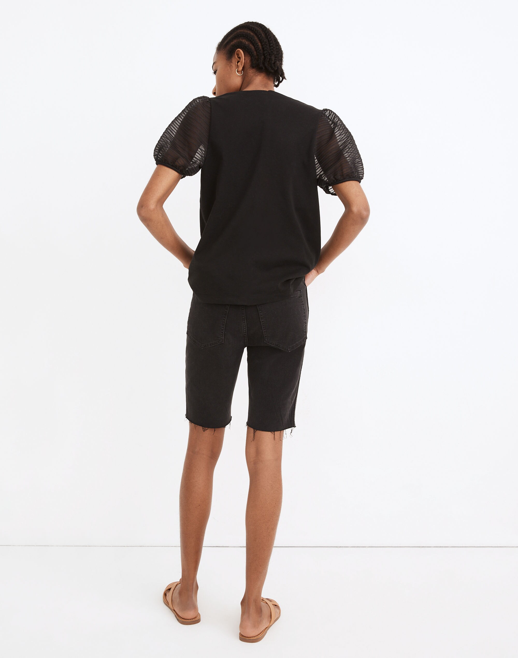 Striped Sheer-Sleeve Knit Top