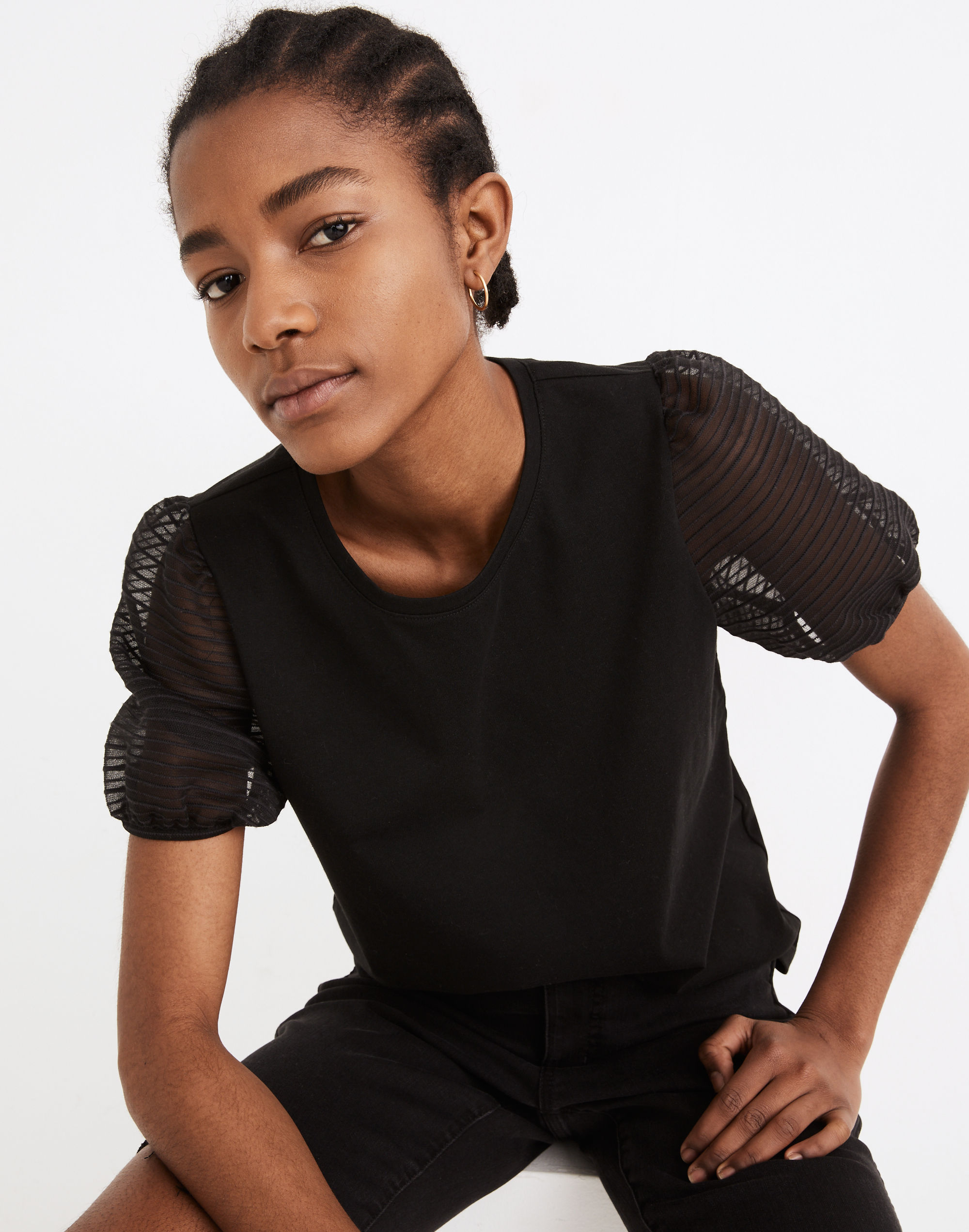 Striped Sheer-Sleeve Knit Top