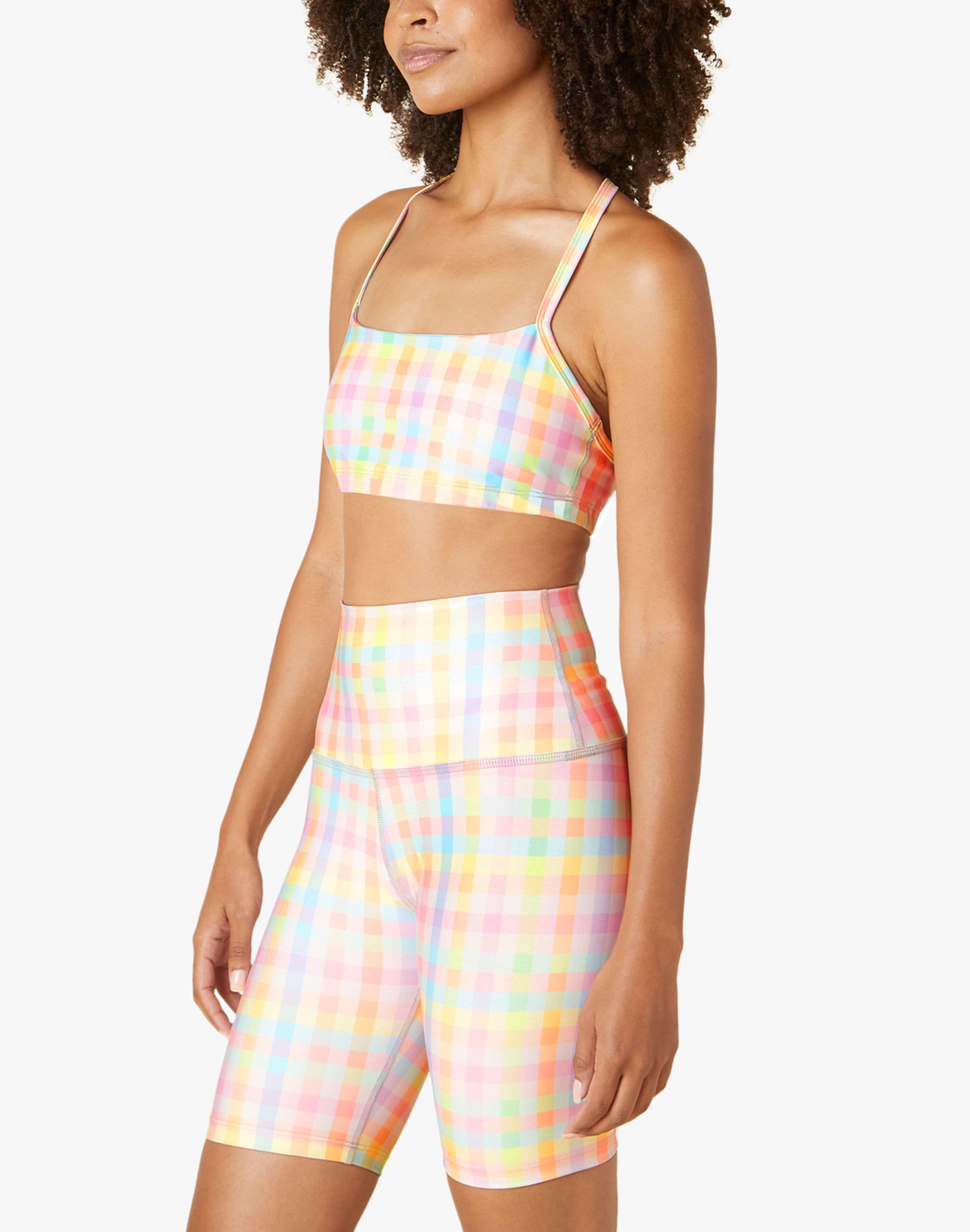 beyond yoga pastel gingham t-back luxe bra