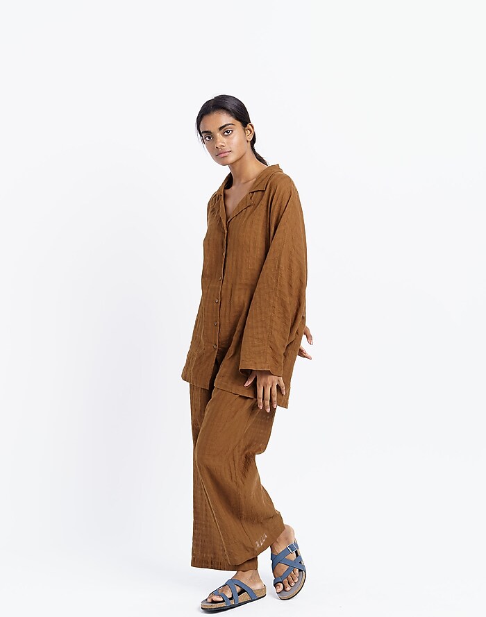 Linen-Blend Oversized Short Pajama Set in Gingham Check