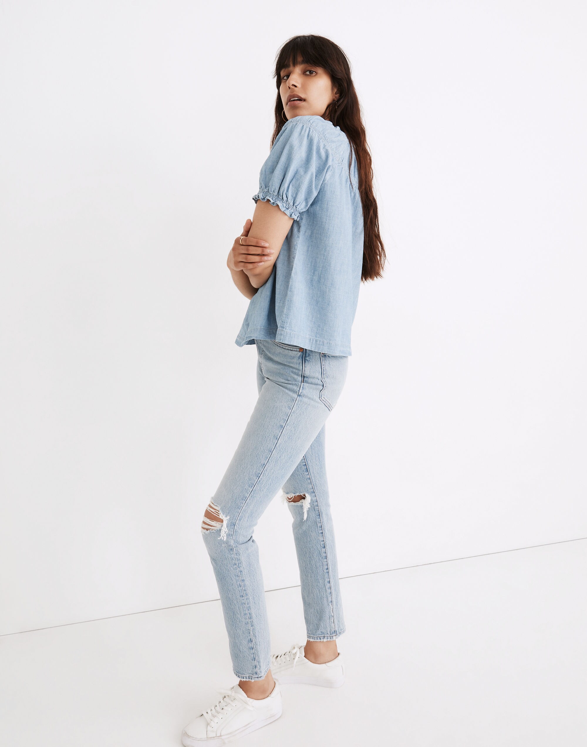 Denim Shirred Puff-Sleeve Top