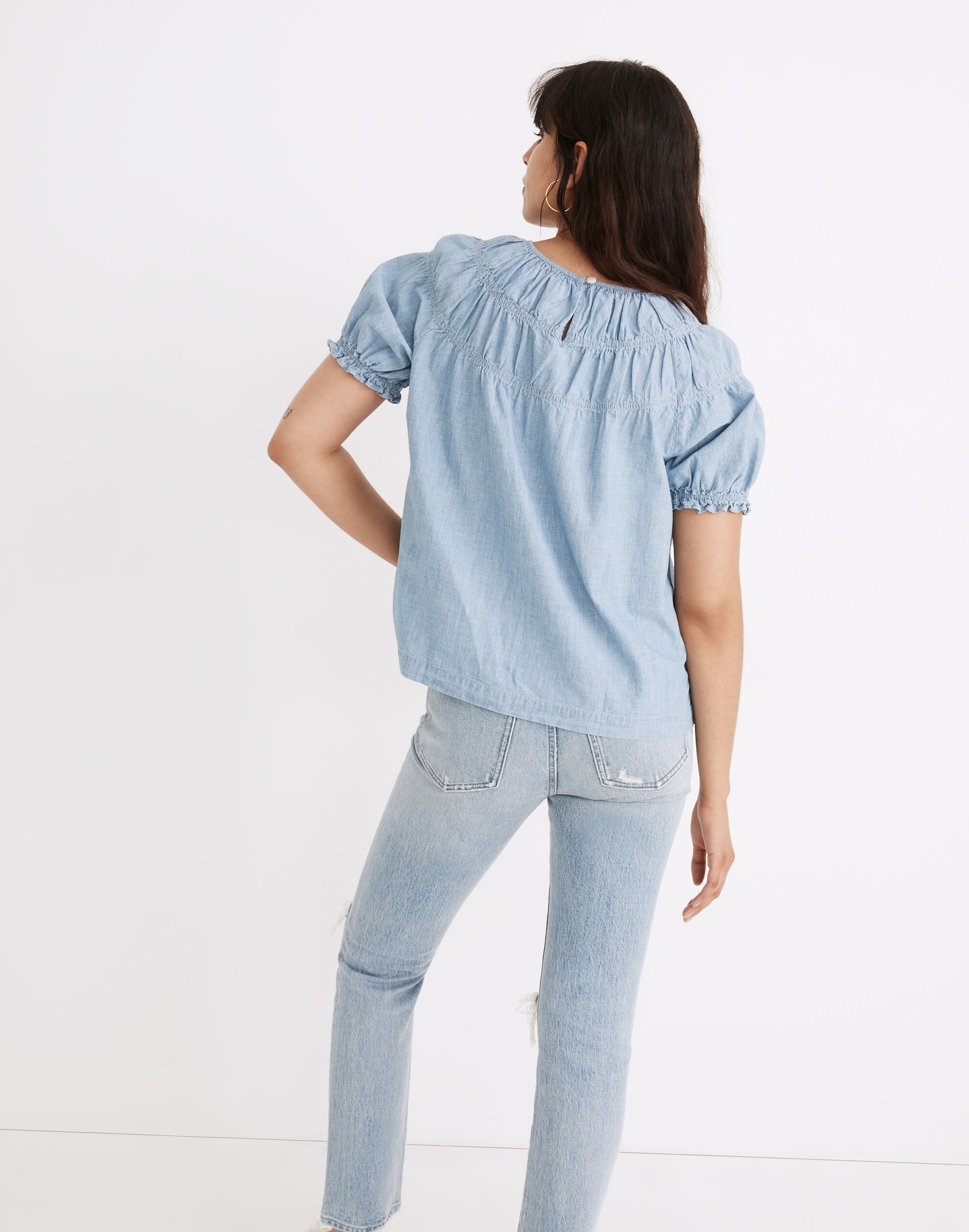 Denim Shirred Puff-Sleeve Top