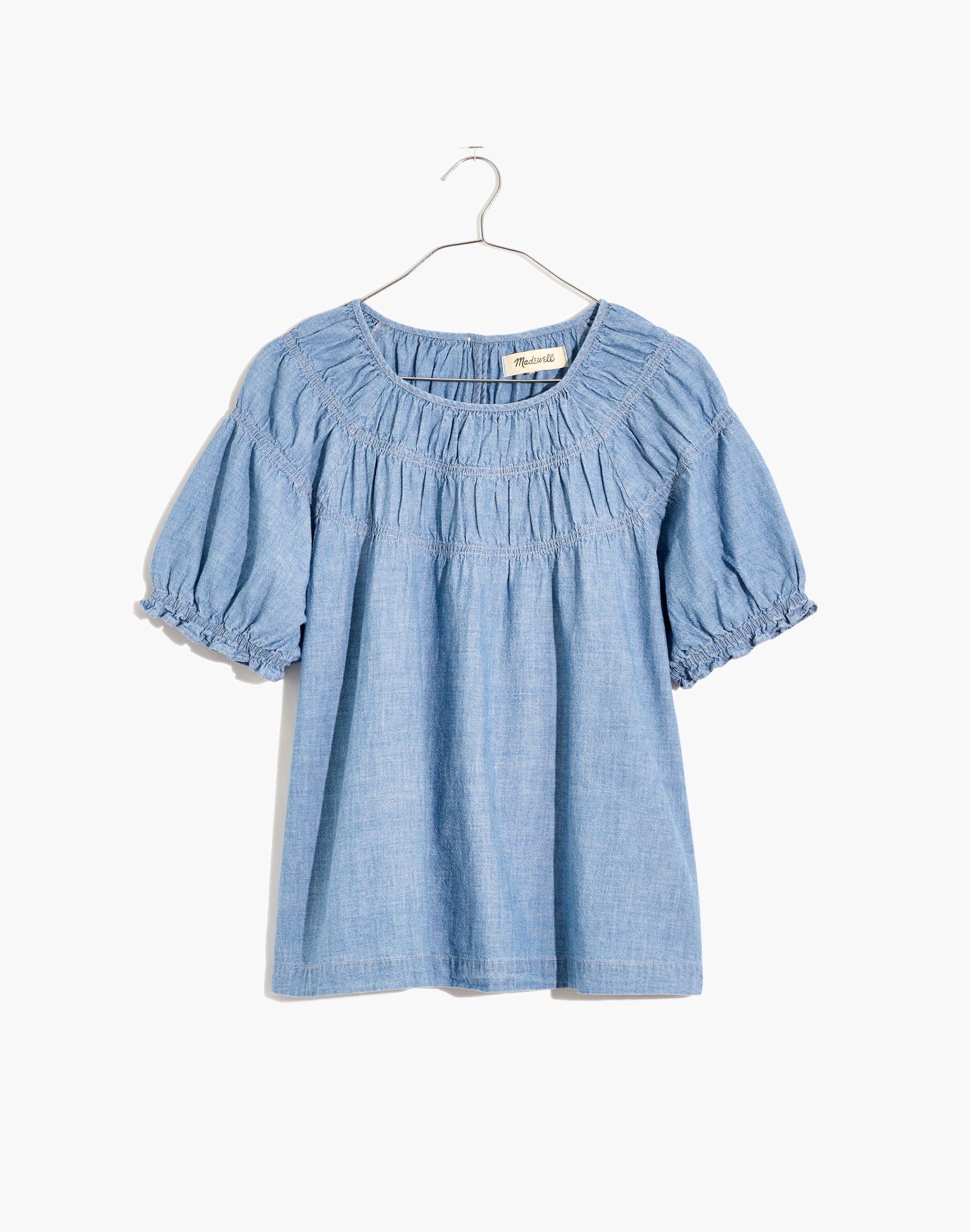 Denim Shirred Puff-Sleeve Top