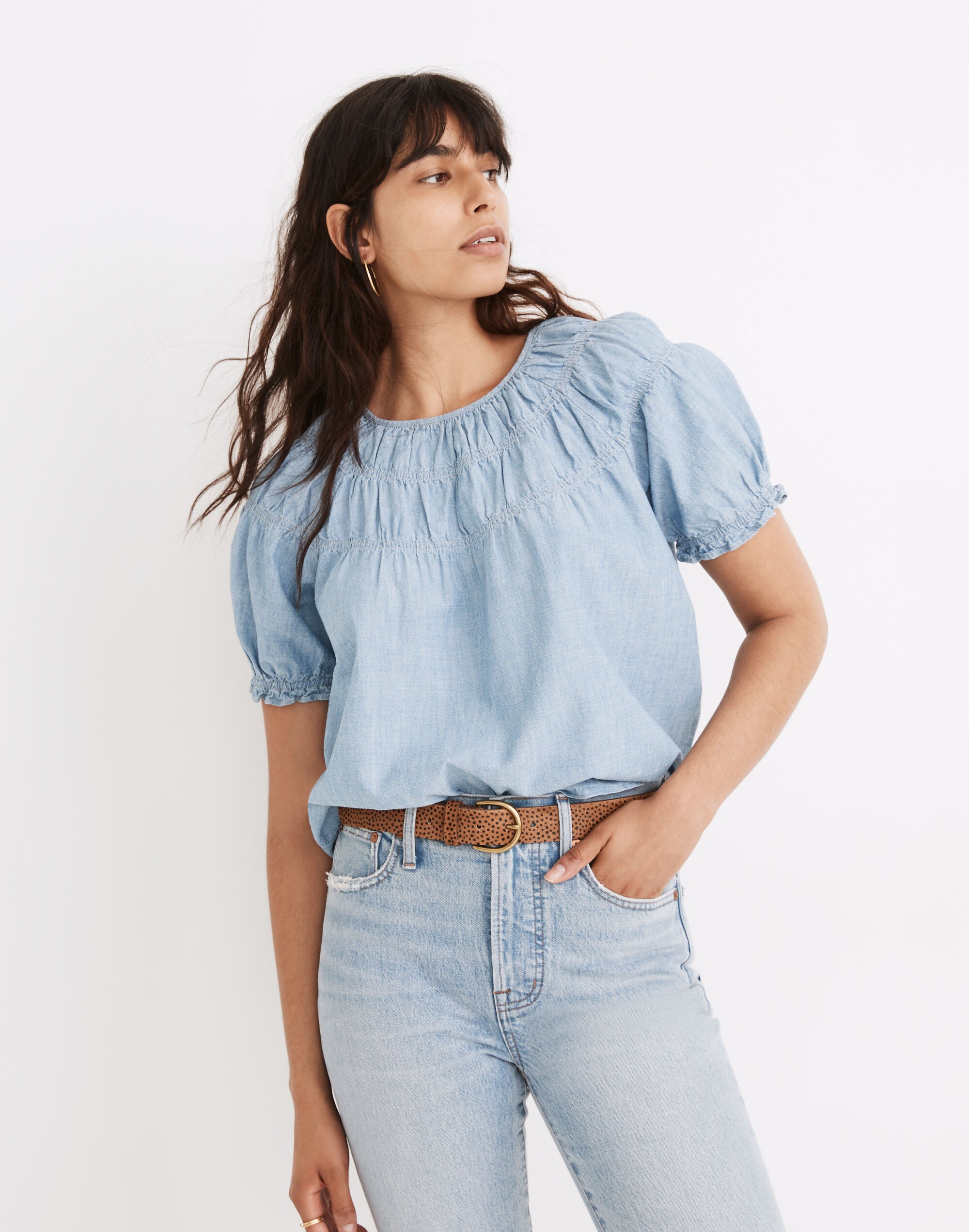 Denim Shirred Puff-Sleeve Top
