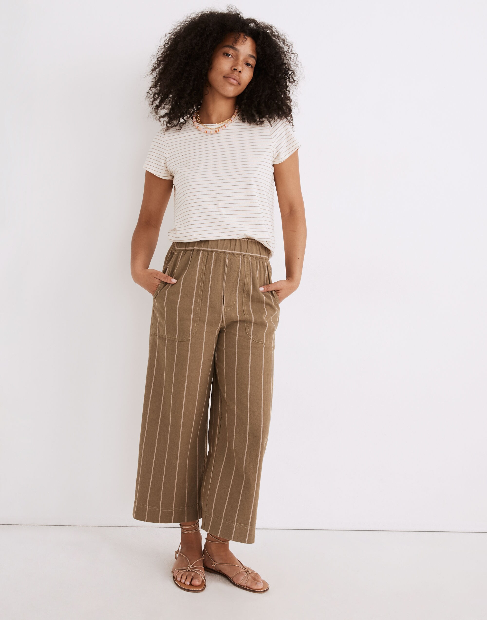 Linen-Cotton Huston Pull-On Crop Pants in Stripe