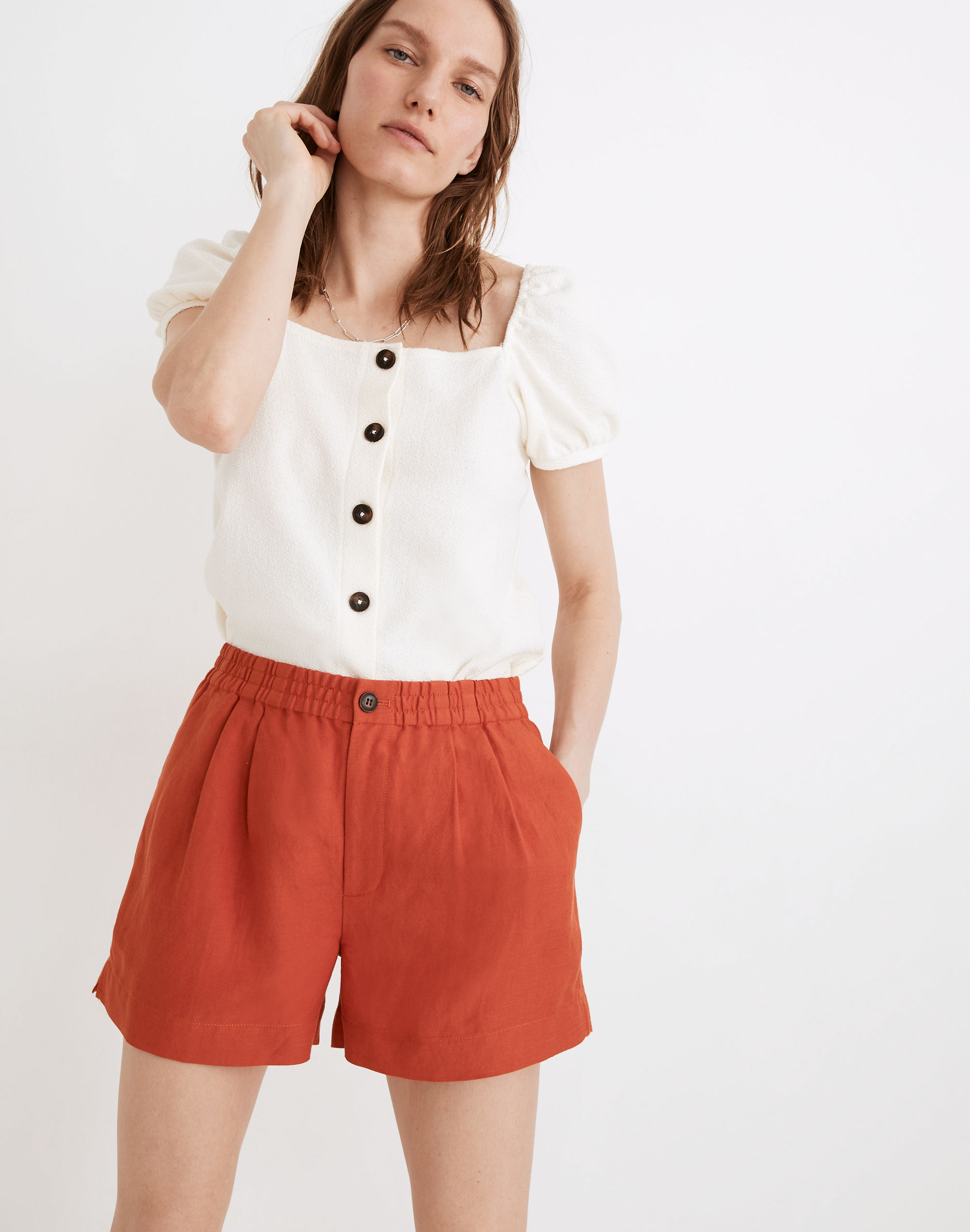 linen-blend track shorts