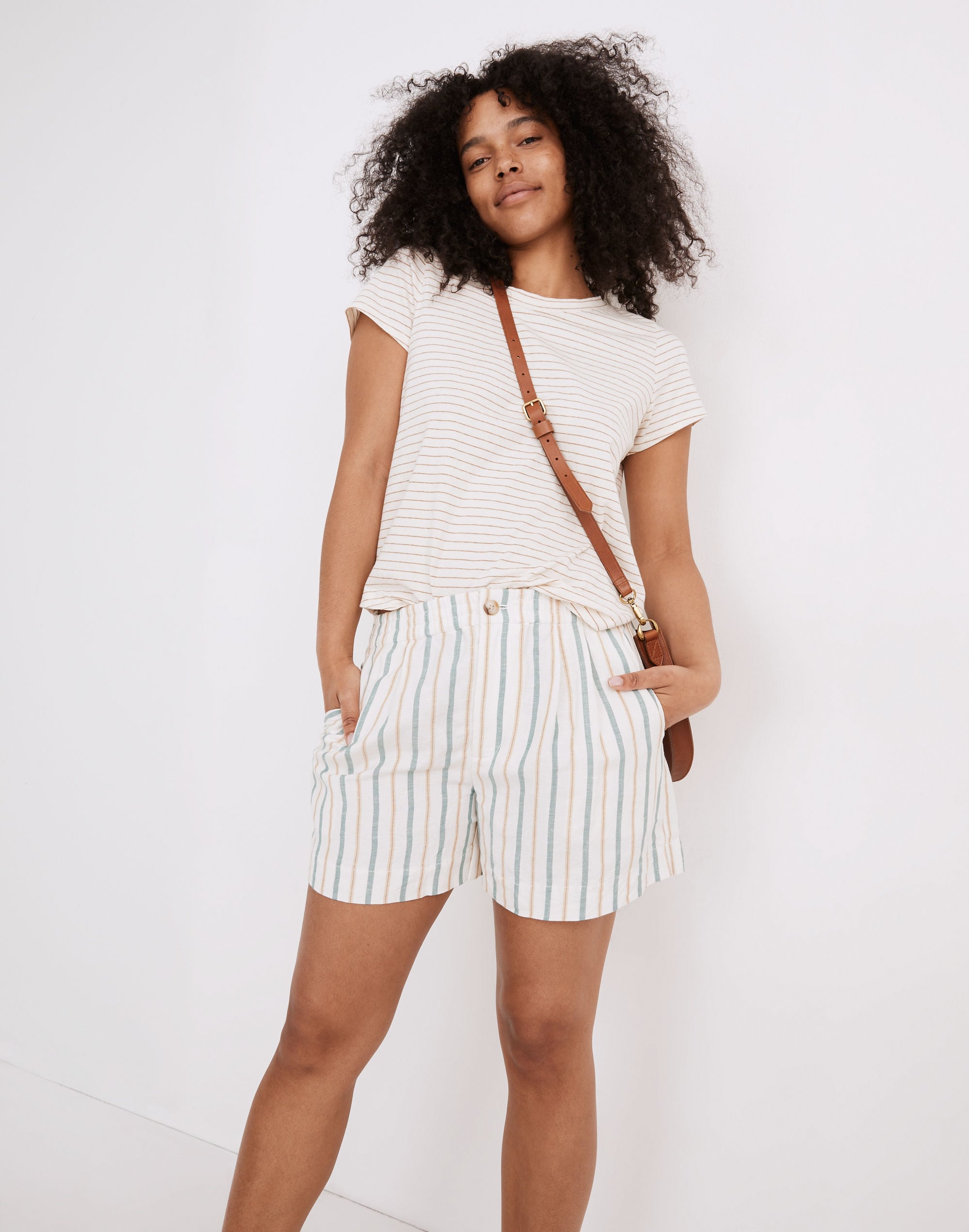 linen-blend track shorts in stripe