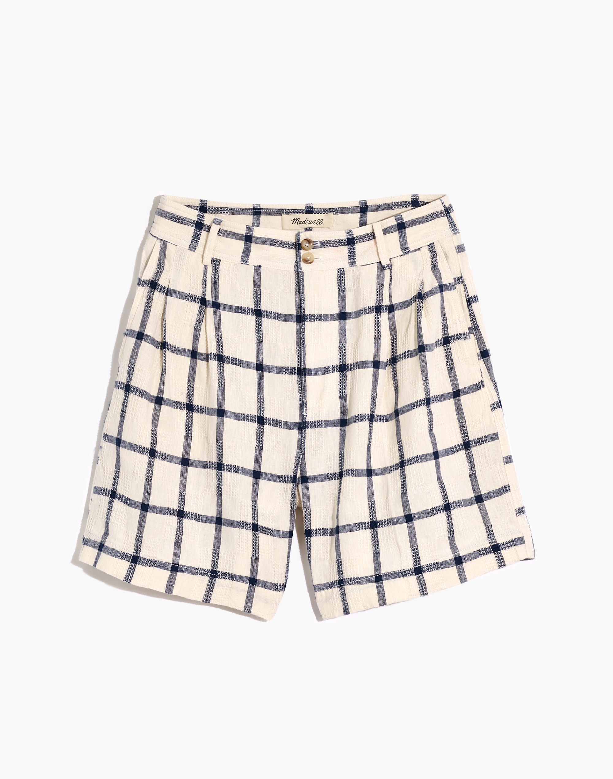 Linen-Cotton Pleated Mid-Length Shorts in Windowpane