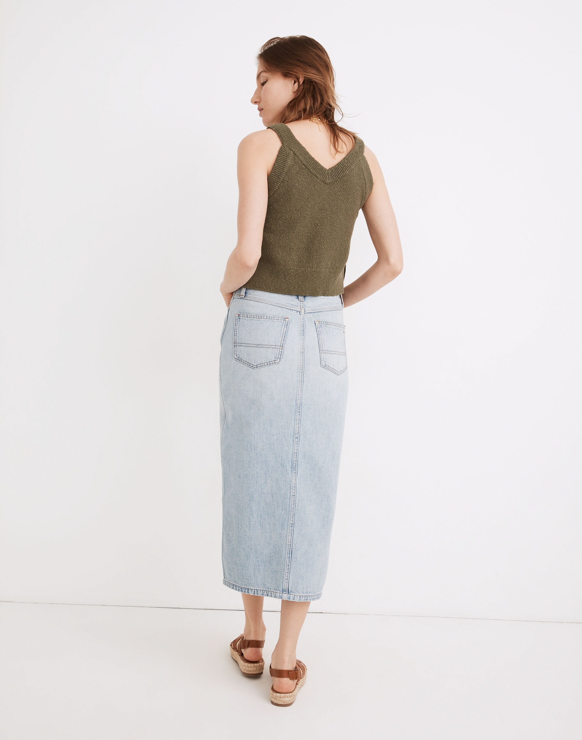 Rigid Denim A-Line Midi Skirt in Woodley Wash