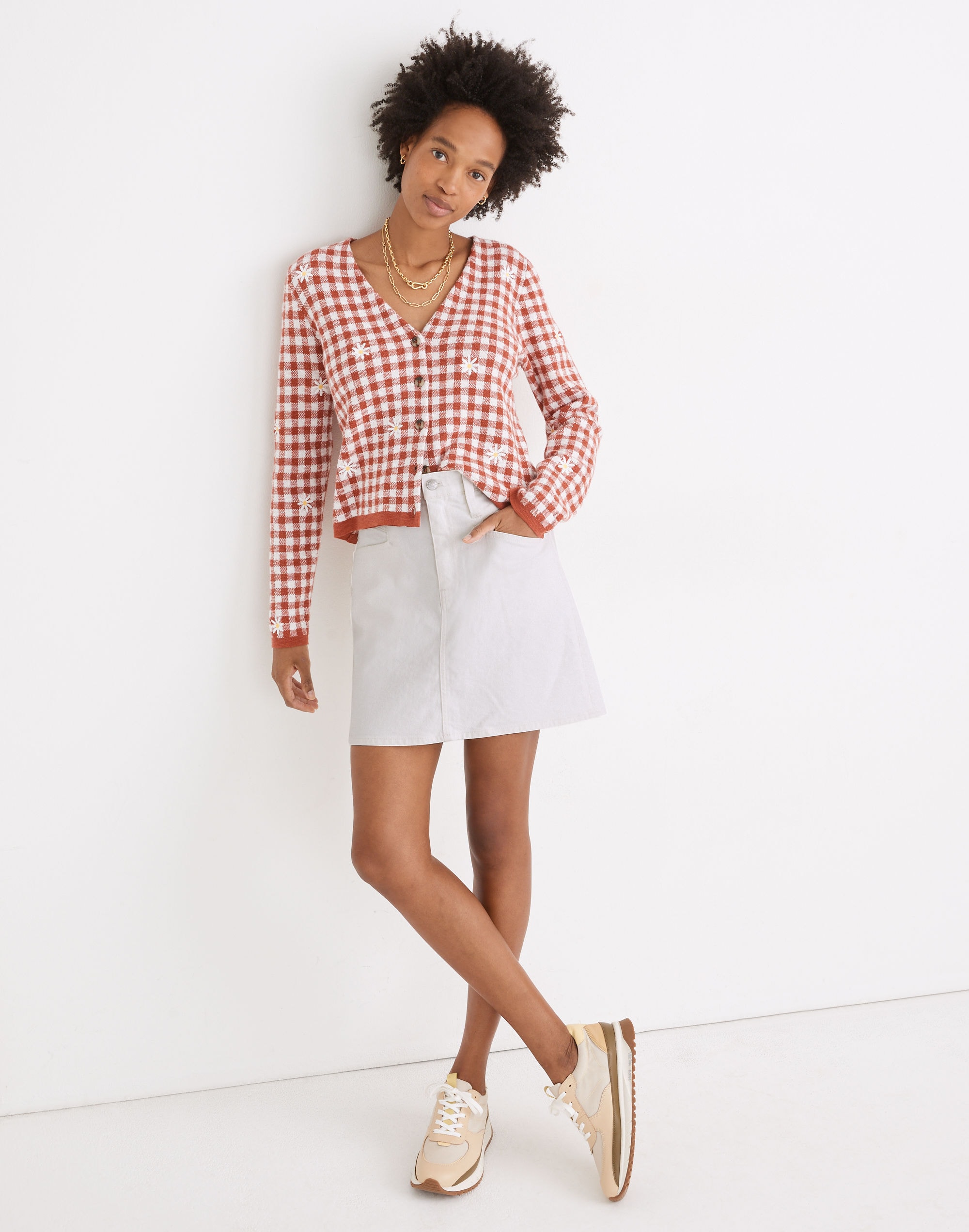 Heritage Stretch Denim Straight Mini Skirt in Tile White: Yoke-Pocket Edition