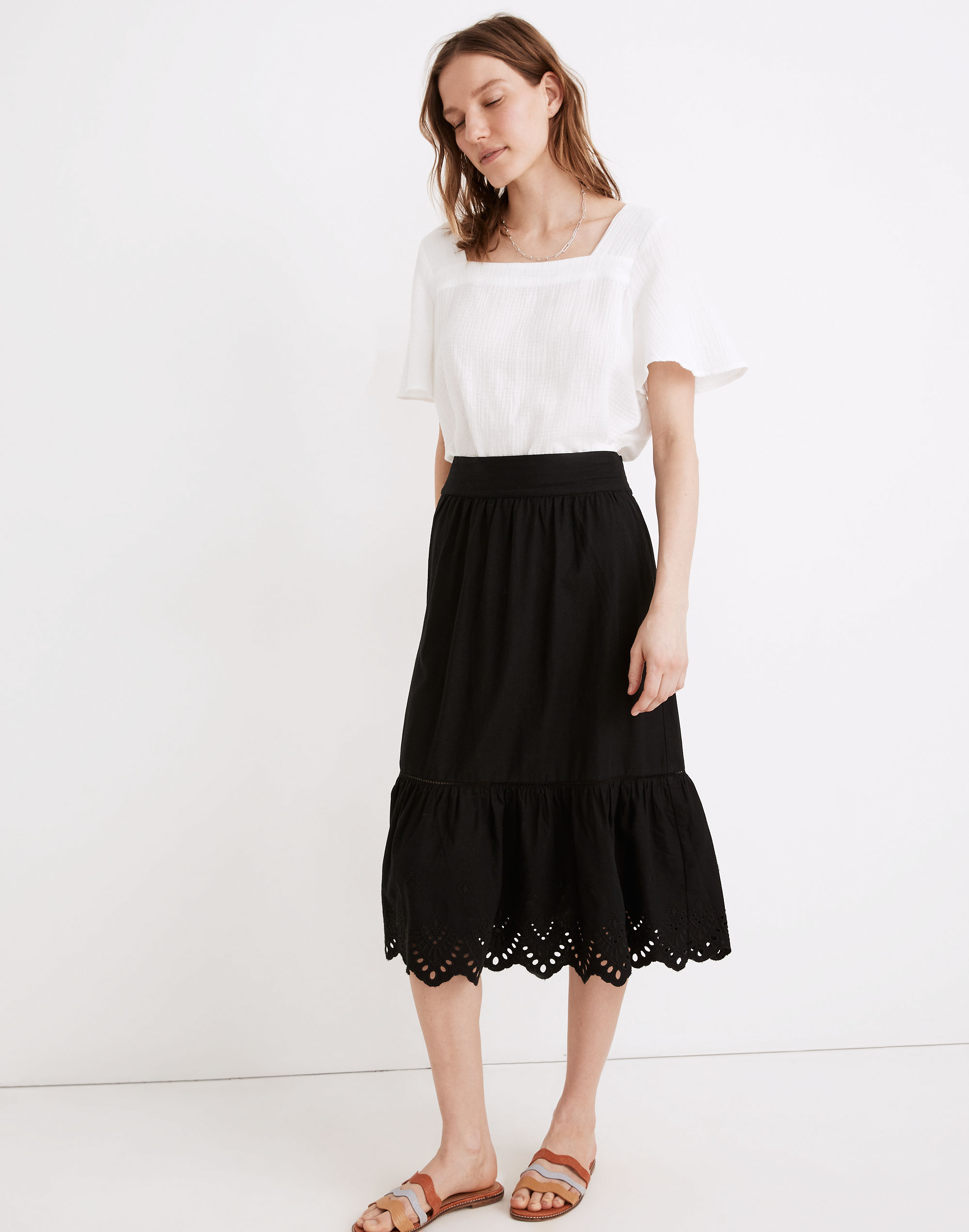 eyelet midi skirt