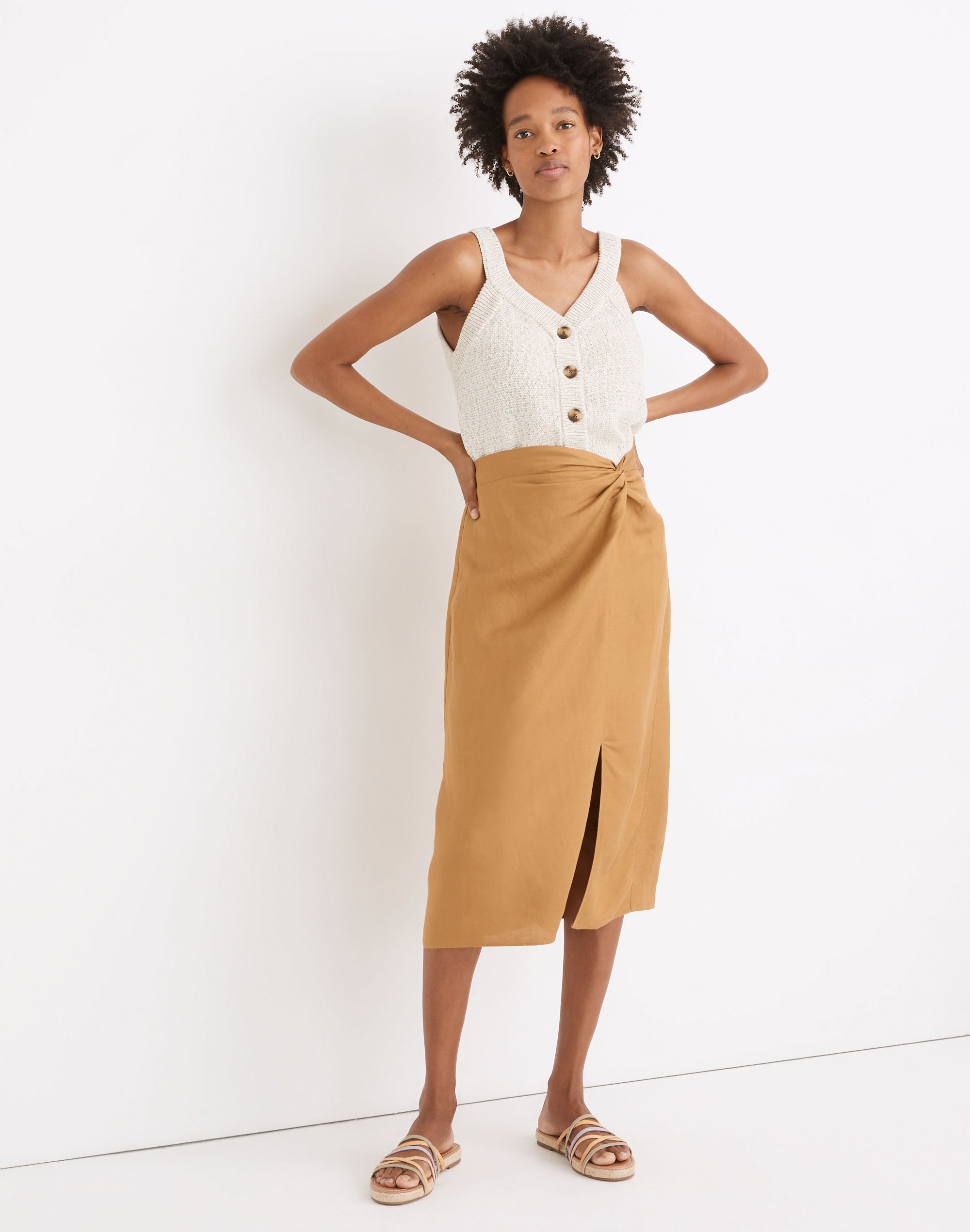 linen-blend knotted midi skirt