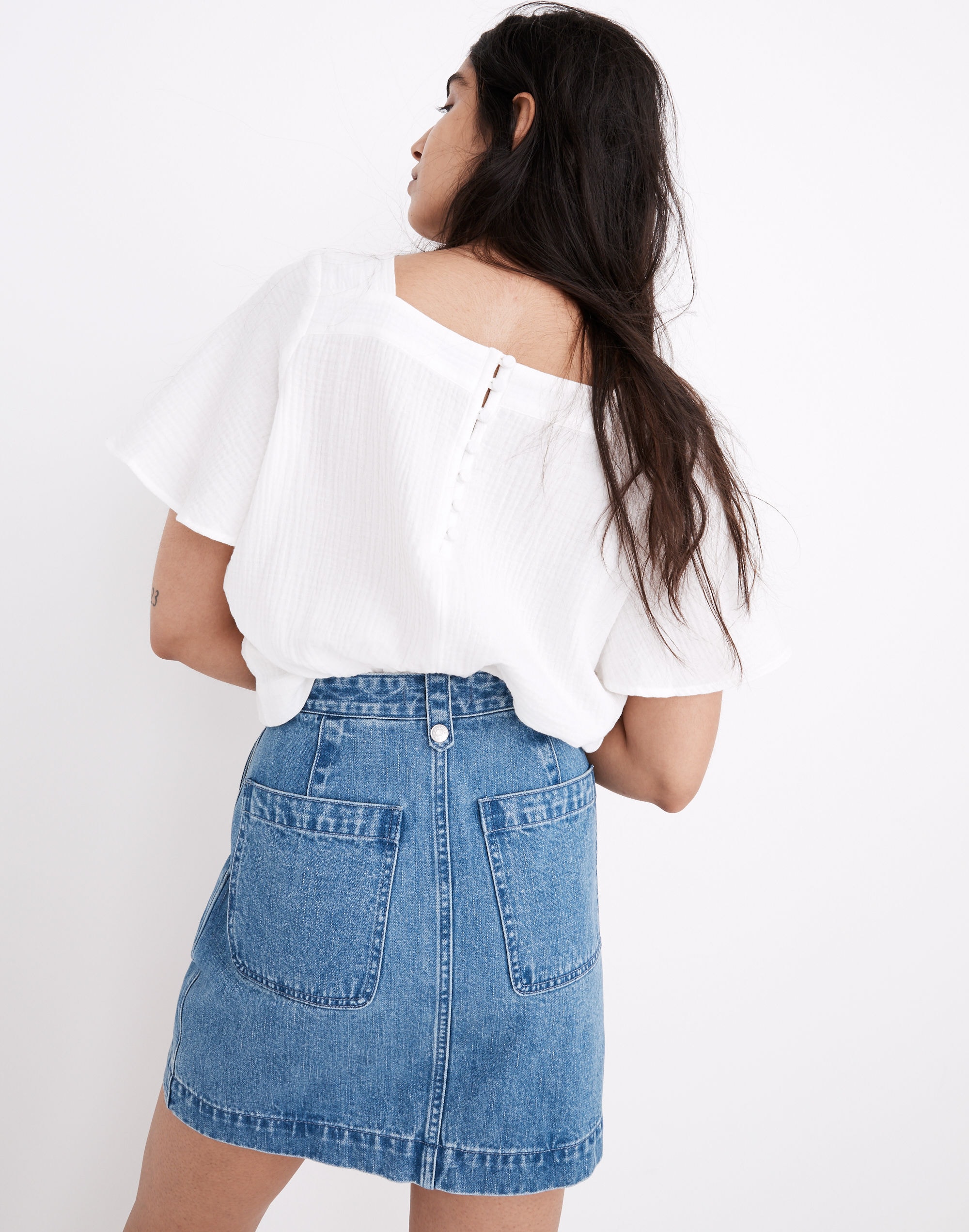 Denim Pleated Mini Skirt in Upton Wash