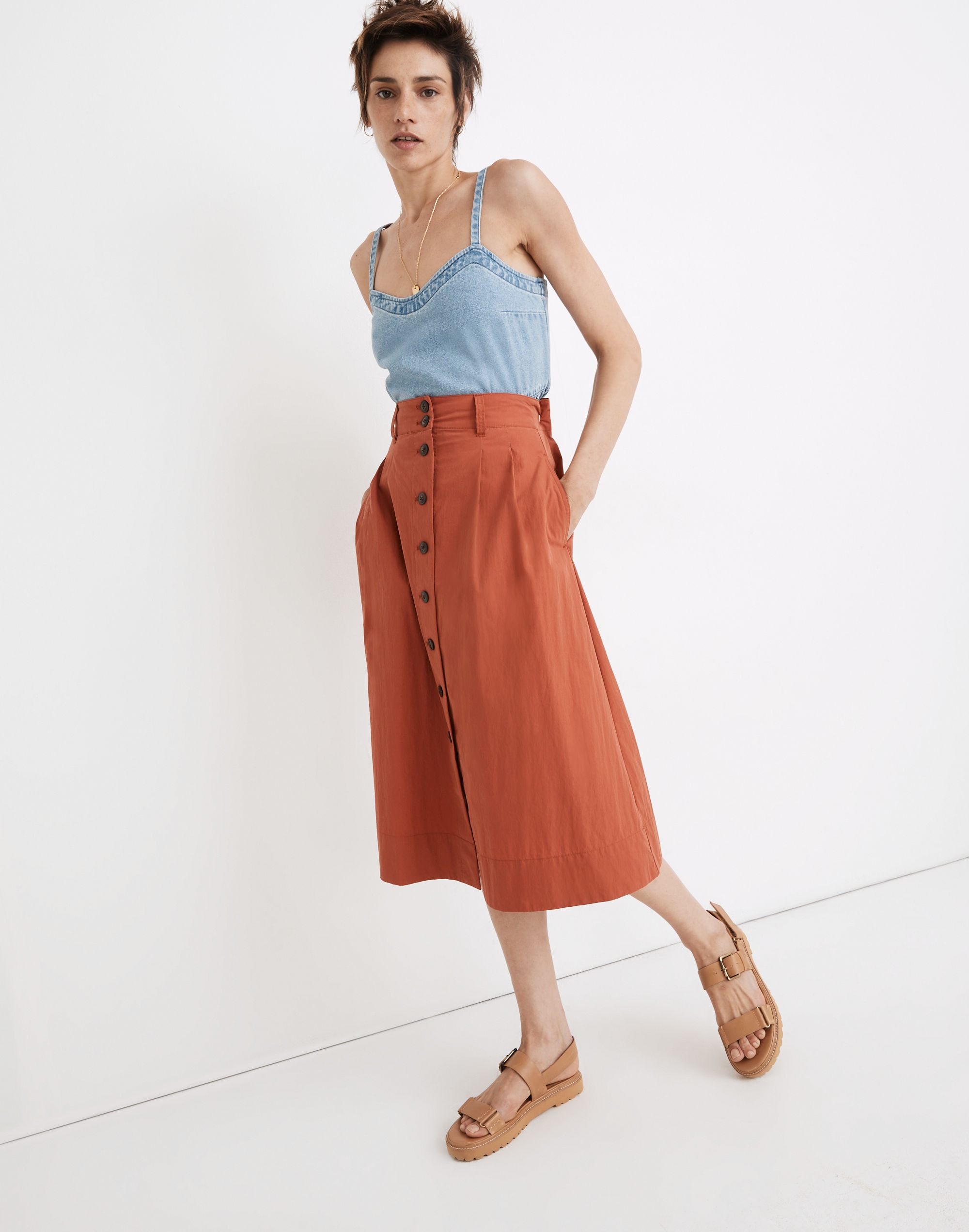 Poplin Pleated Button-Front Midi Skirt