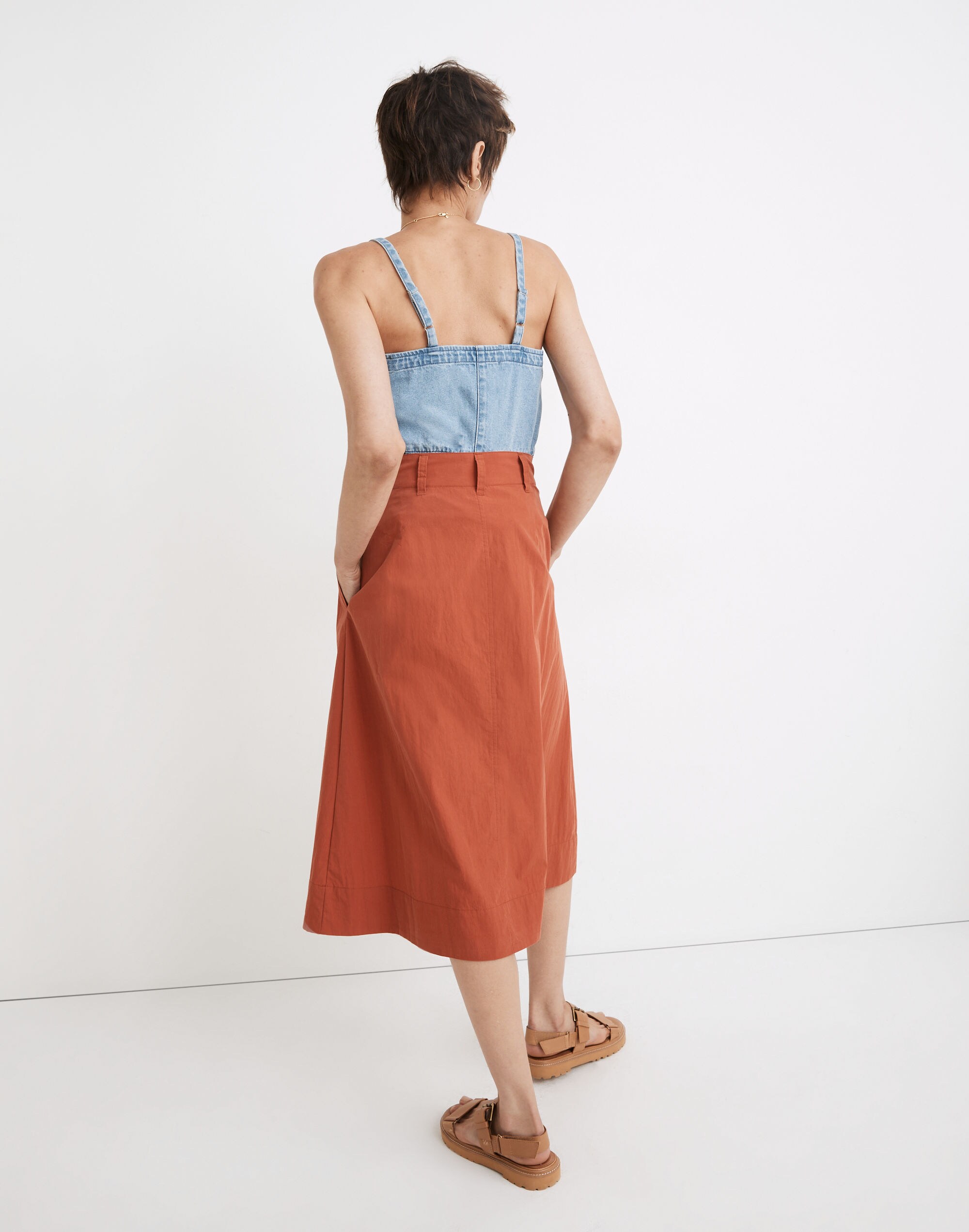 Poplin Pleated Button-Front Midi Skirt