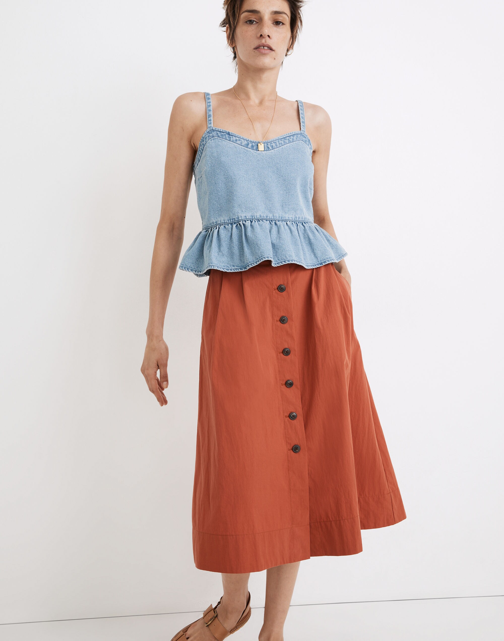 poplin pleated button-front midi skirt