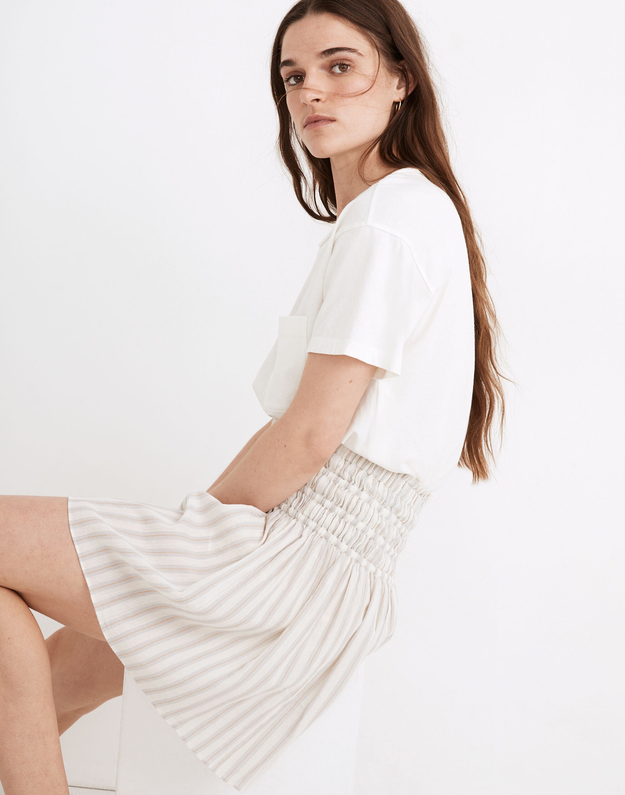 Smocked Pull-On Mini Skirt in Stripe