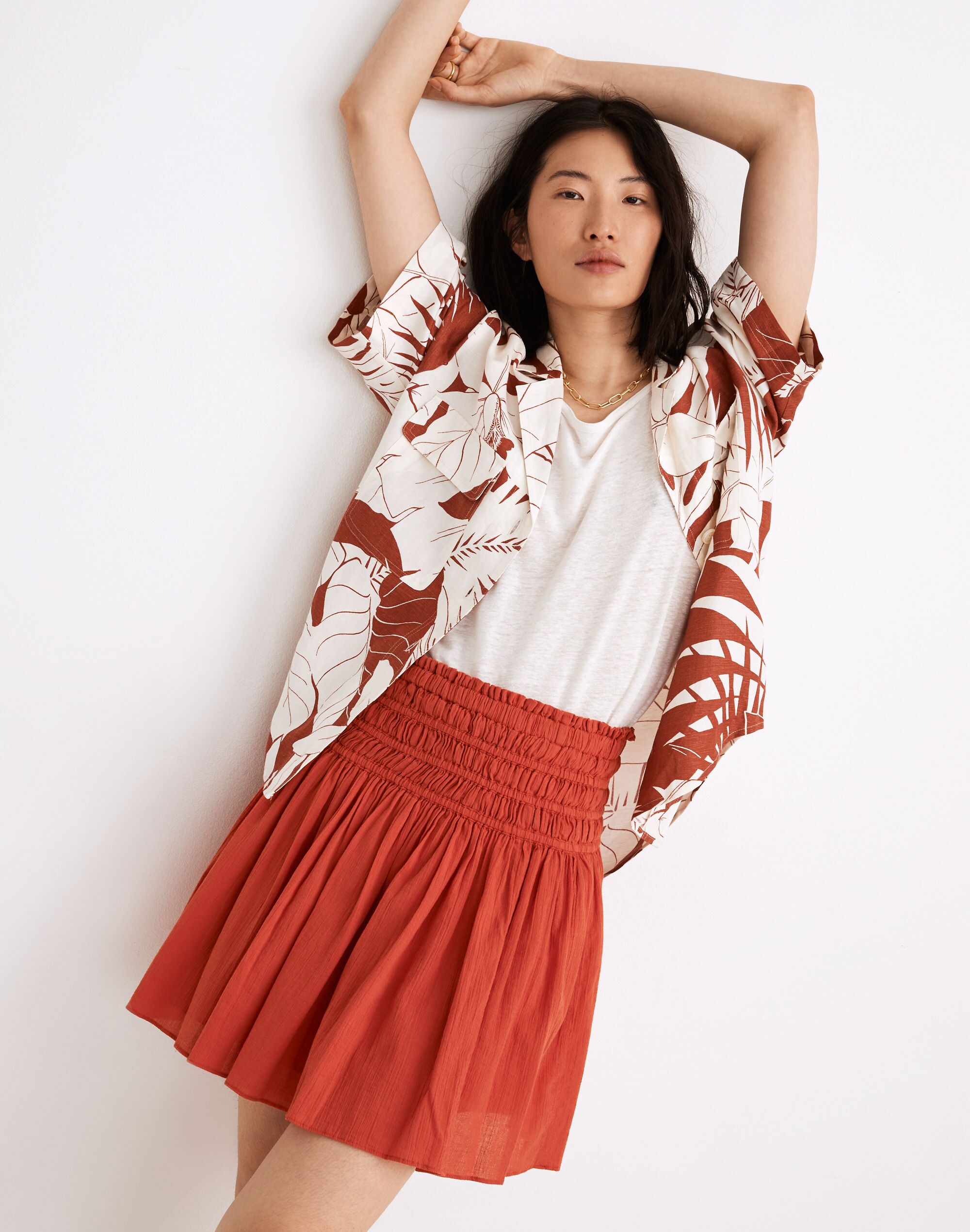smocked pull-on mini skirt