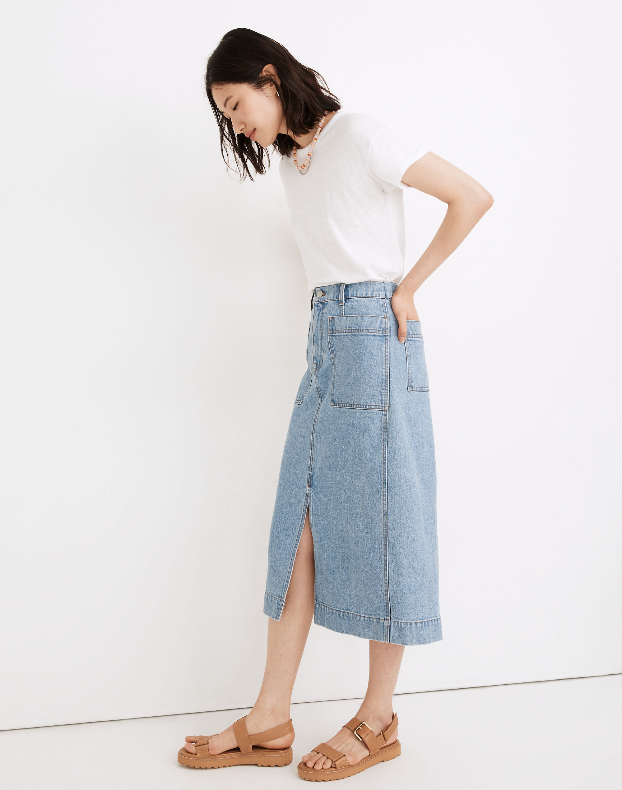 Stretch Denim Slit Straight Midi Skirt in Antin Wash