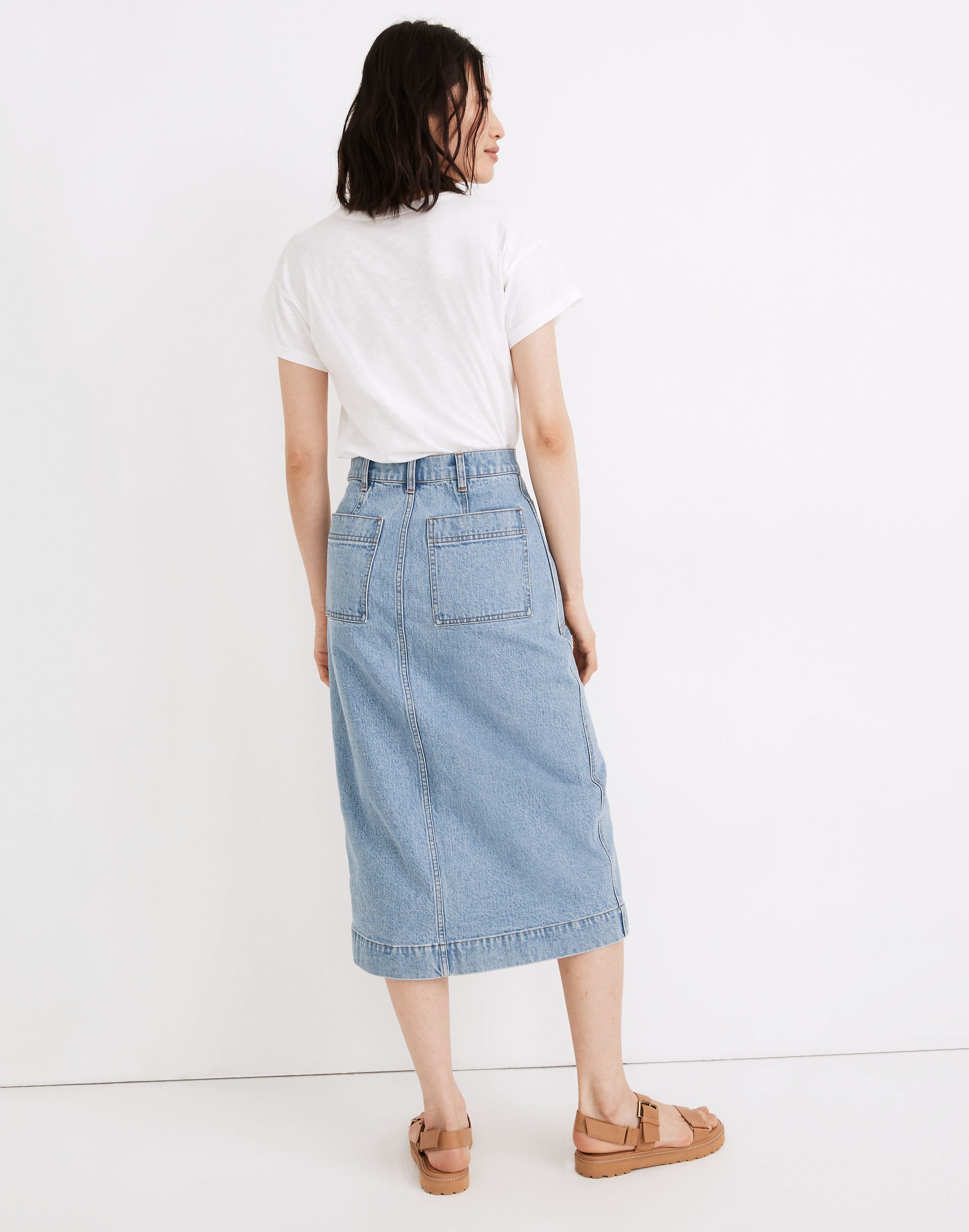 Stretch Denim Slit Straight Midi Skirt in Antin Wash