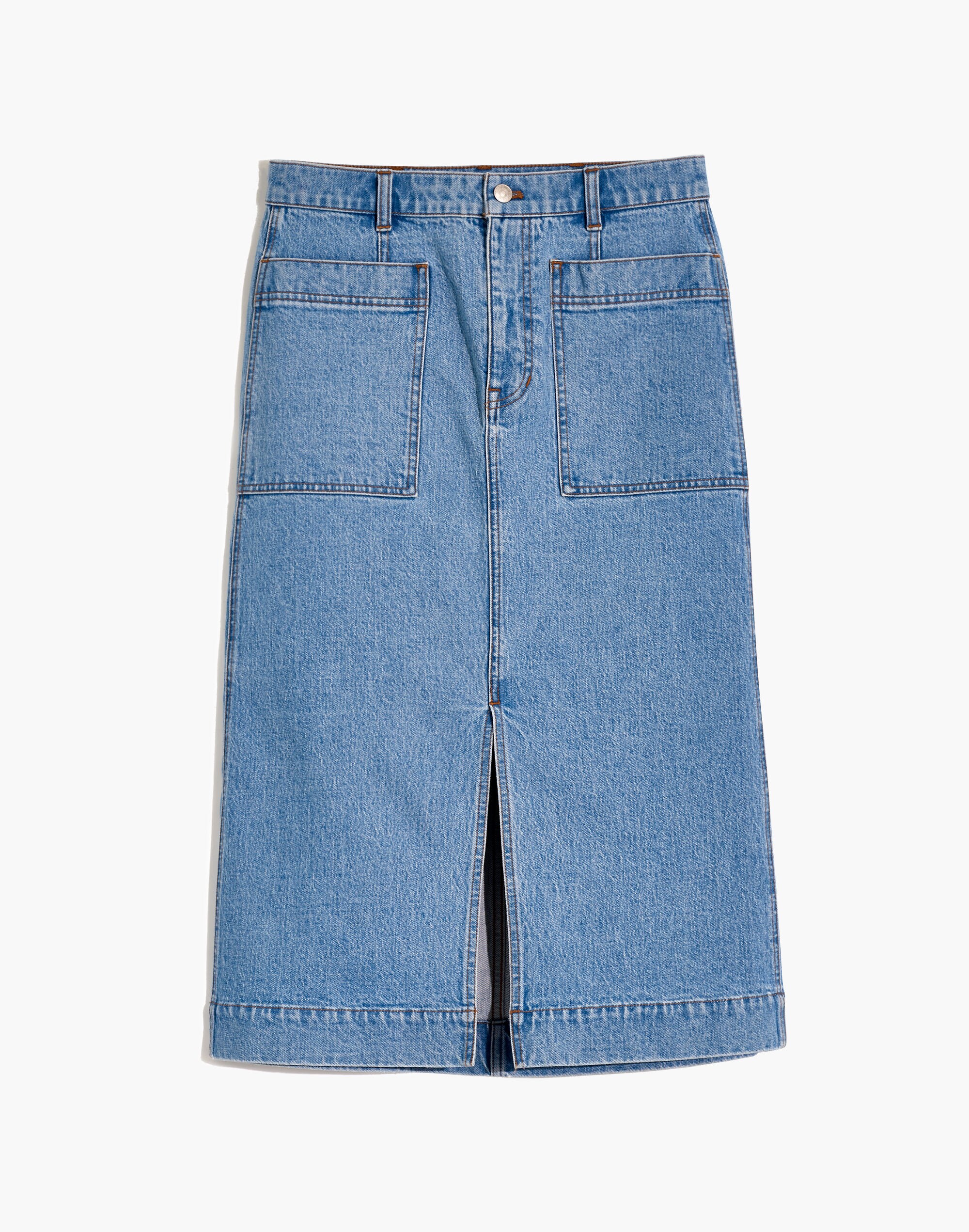 Stretch Denim Slit Straight Midi Skirt in Antin Wash