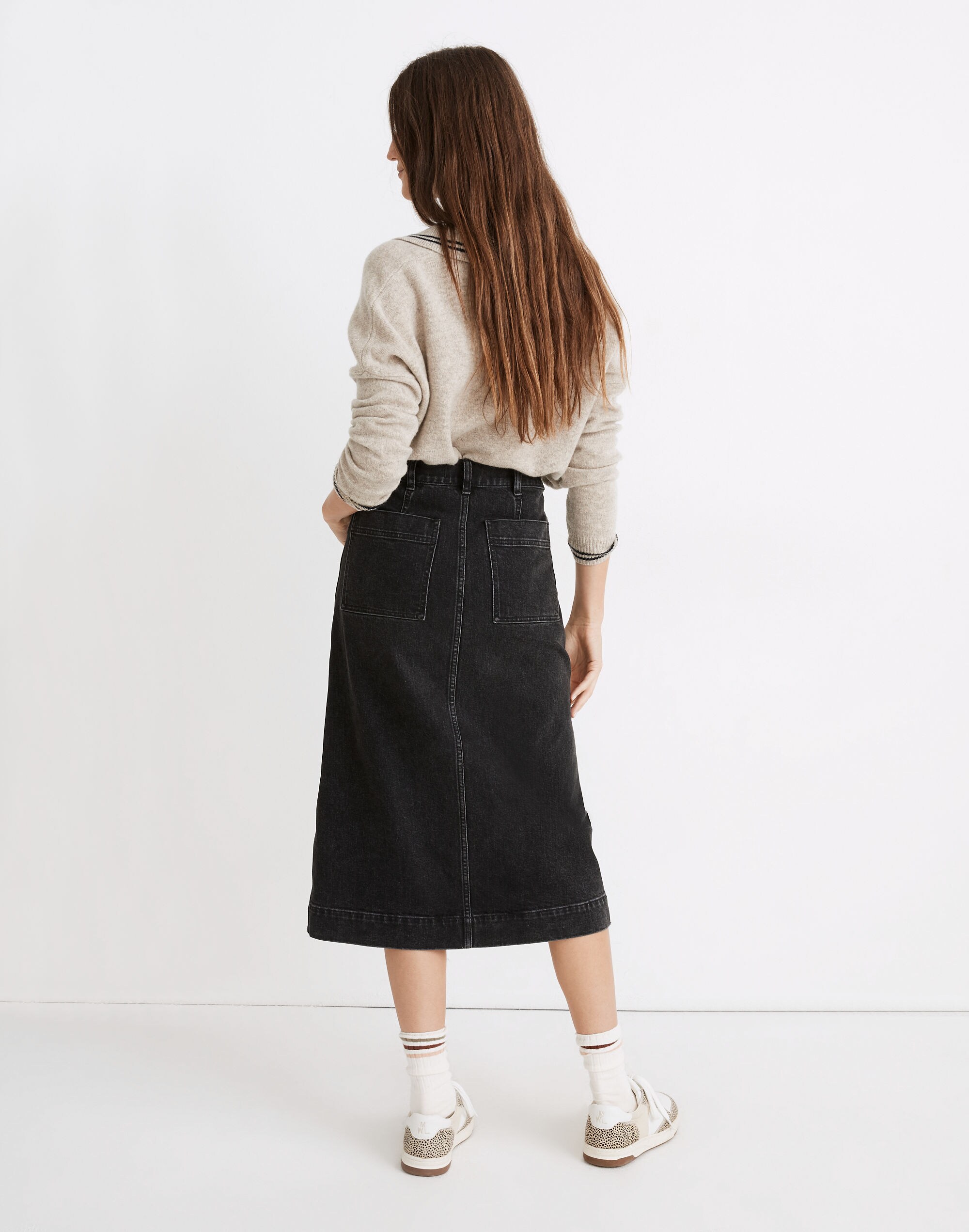 Stretch Denim Slit Straight Midi Skirt in Cadman Wash