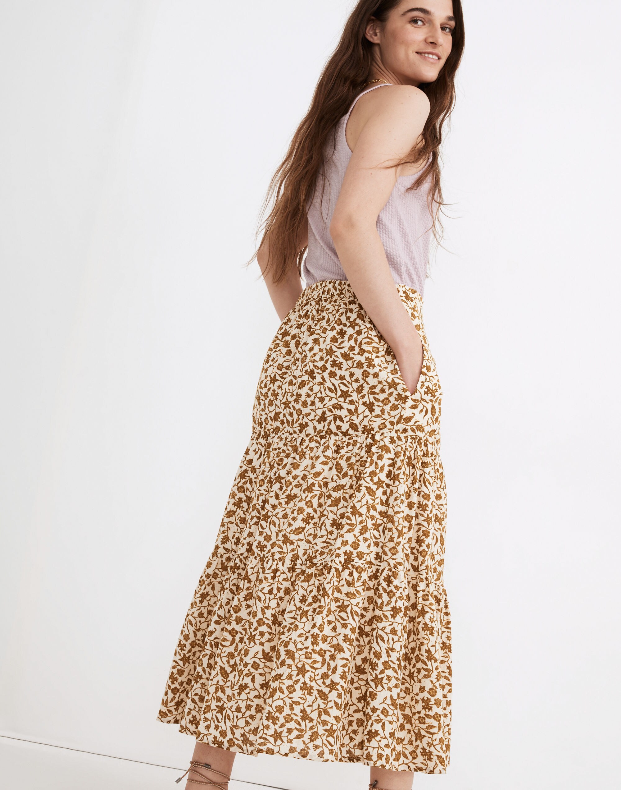 Button-Front Tiered Maxi Skirt in Batik Vine