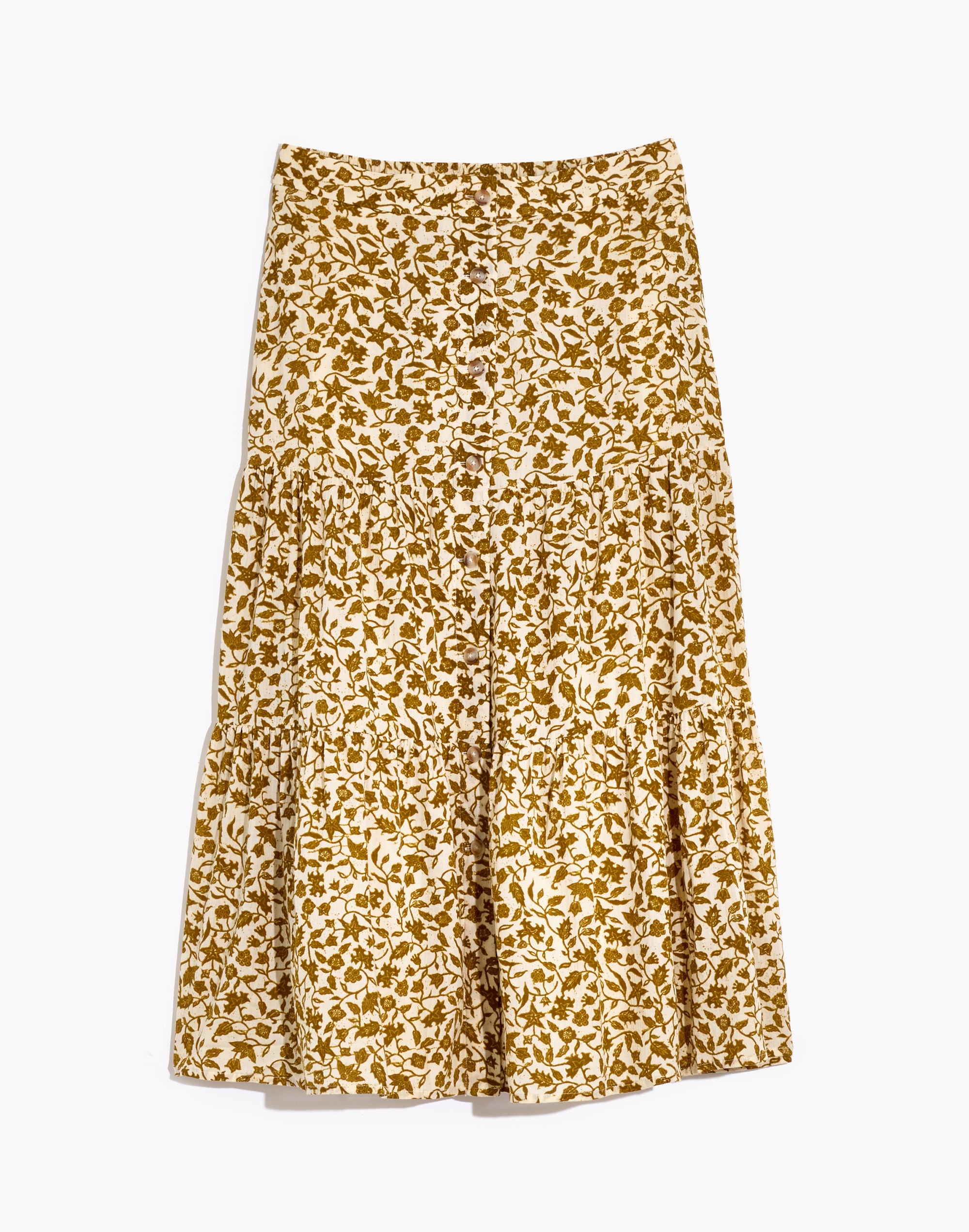 Button-Front Tiered Maxi Skirt in Batik Vine