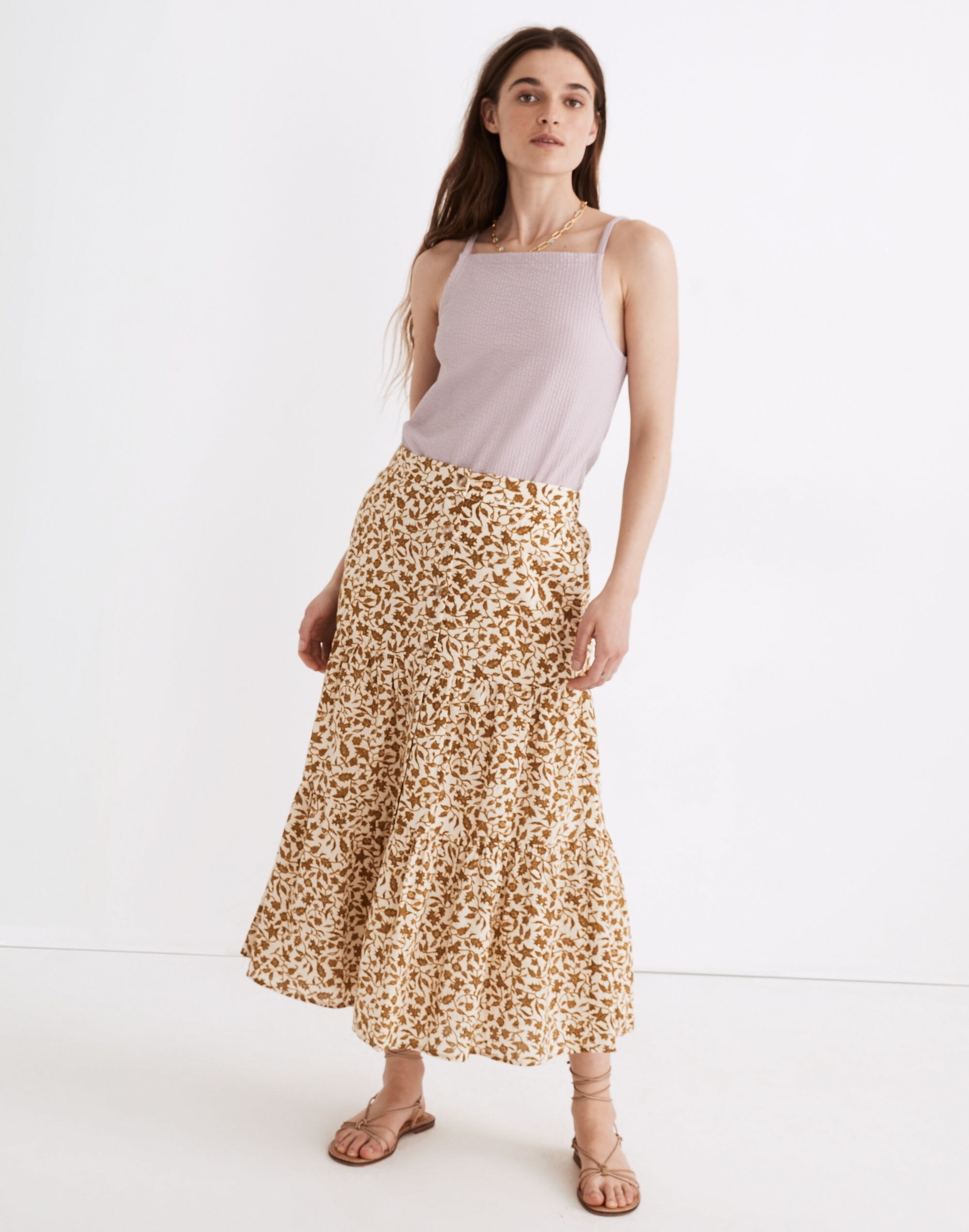 Button-Front Tiered Maxi Skirt in Batik Vine