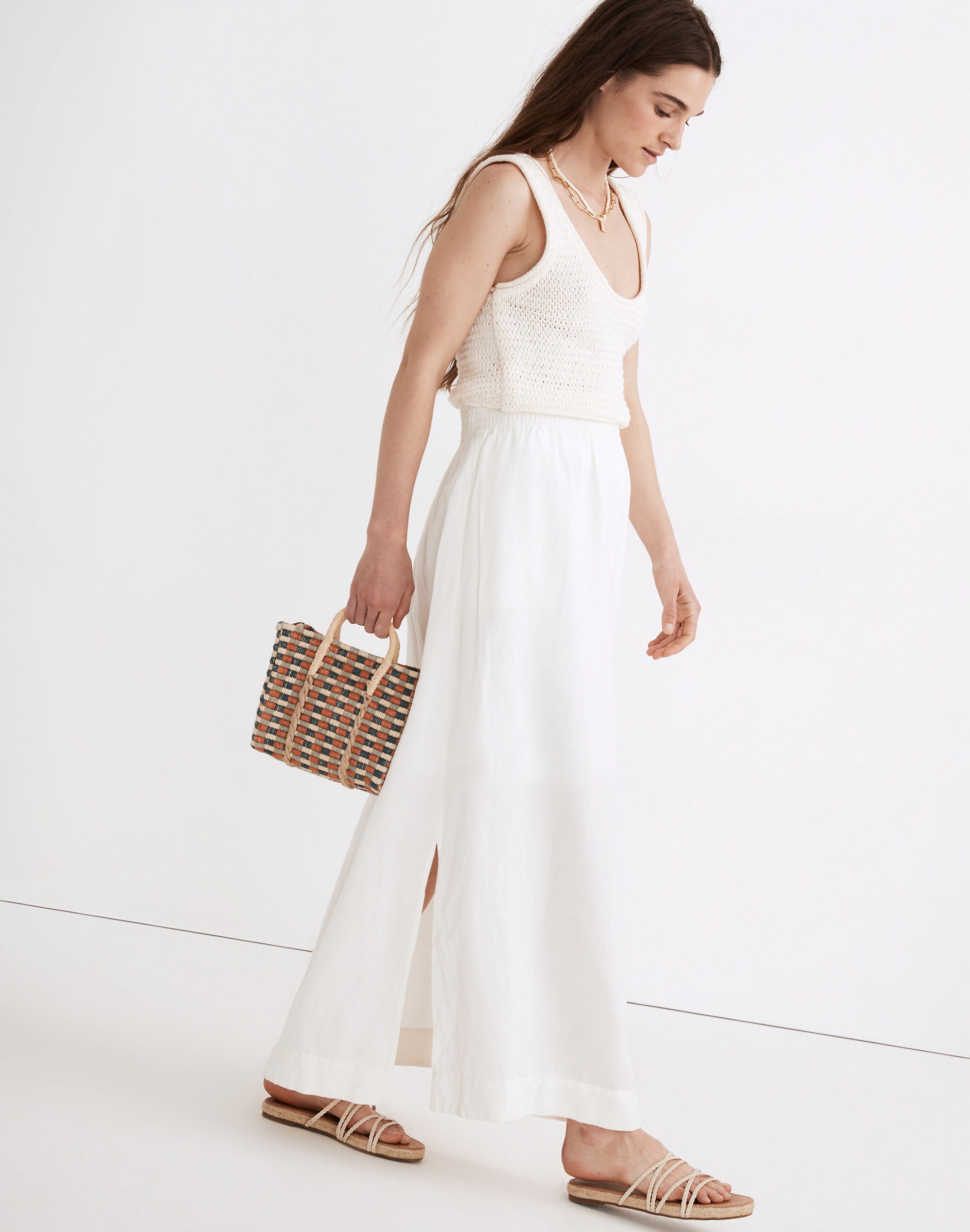 Linen-Blend Smocked-Waist Maxi Skirt
