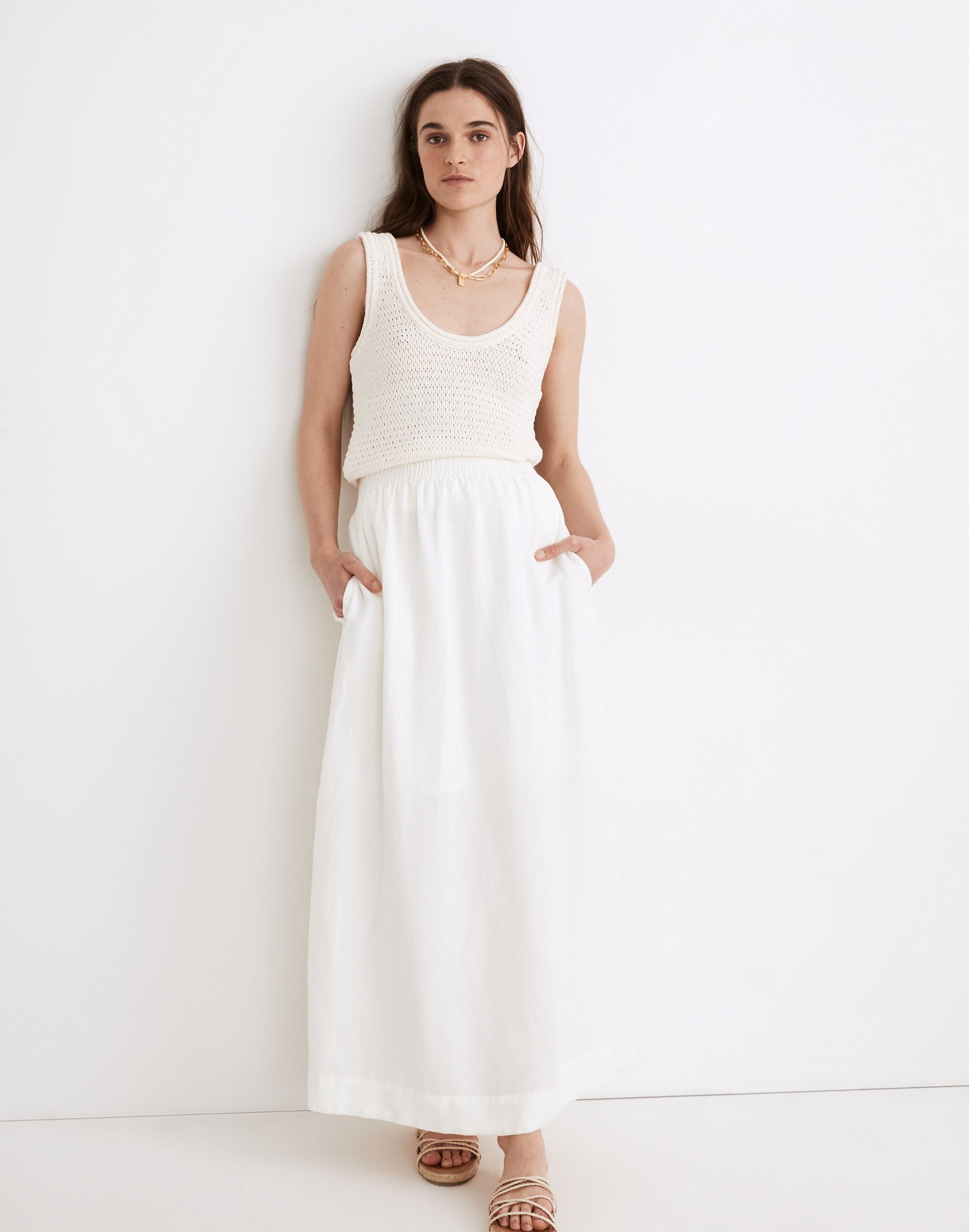 Linen-Blend Smocked-Waist Maxi Skirt