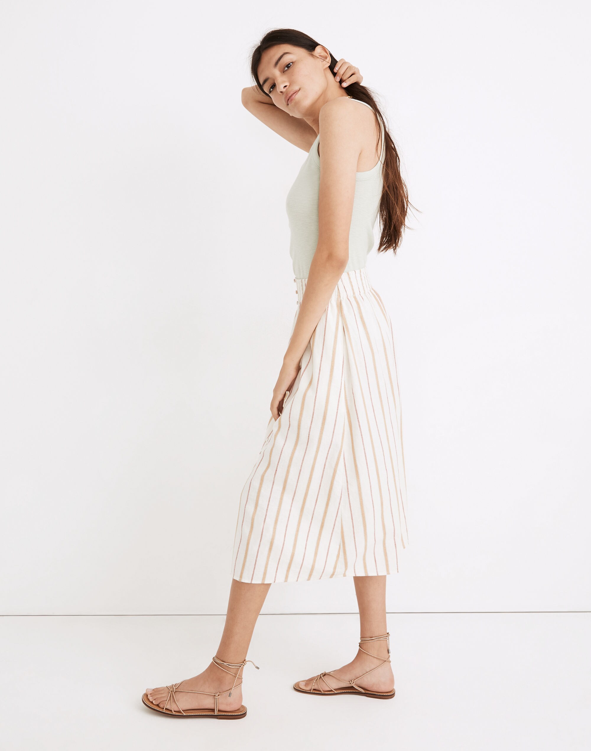 Linen-Cotton Smocked-Waist Button-Front Midi Skirt