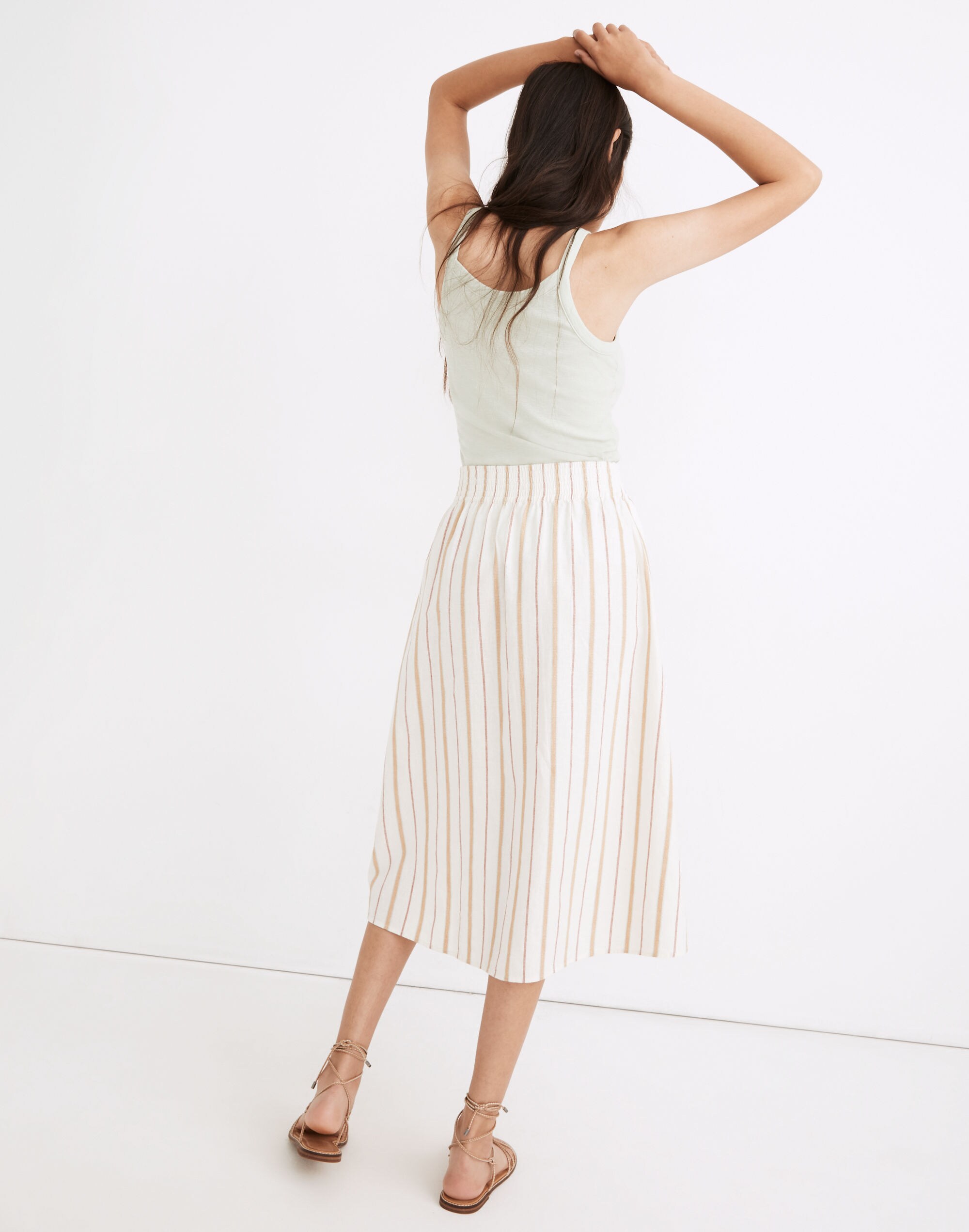 Linen-Cotton Smocked-Waist Button-Front Midi Skirt