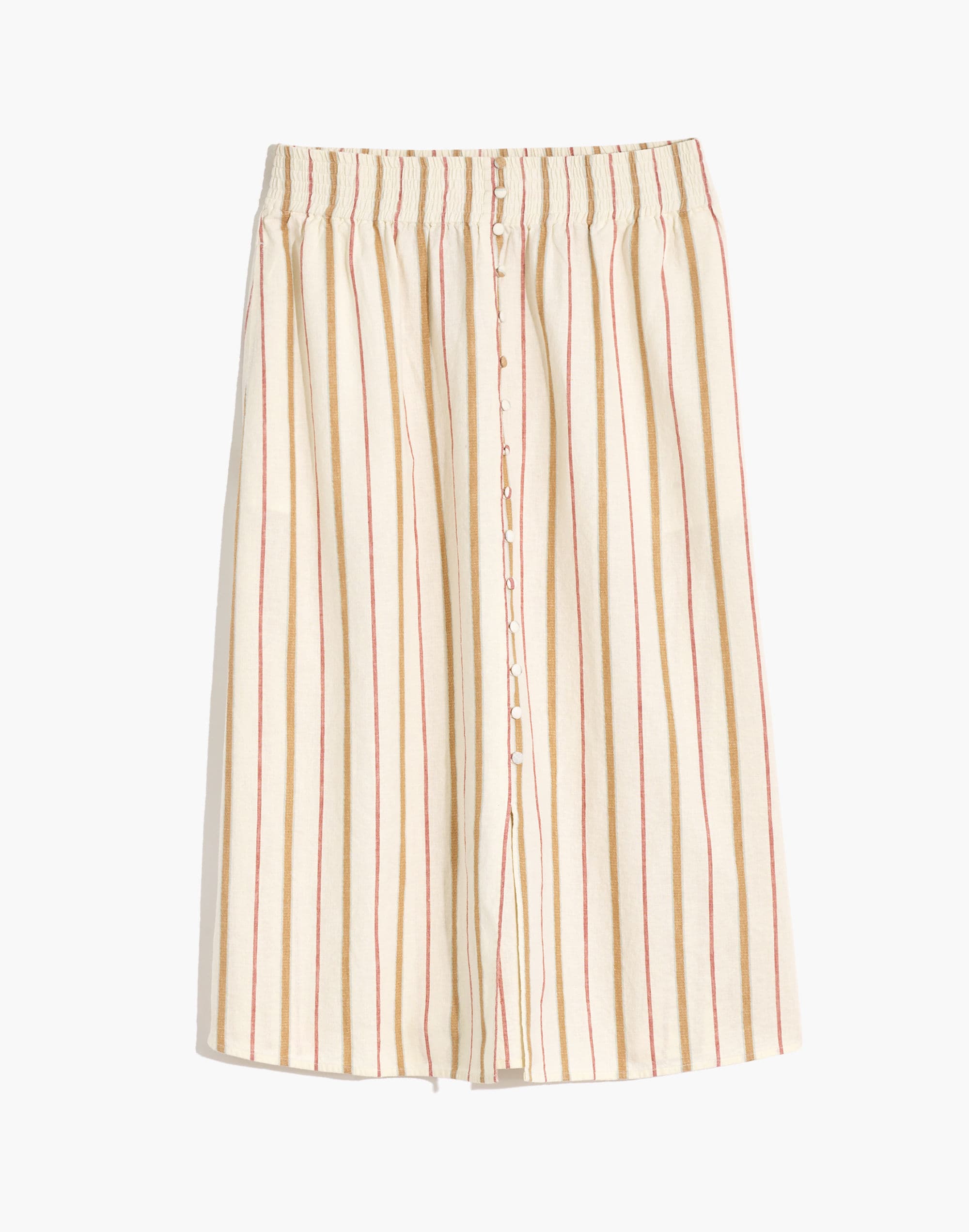 Linen-Cotton Smocked-Waist Button-Front Midi Skirt