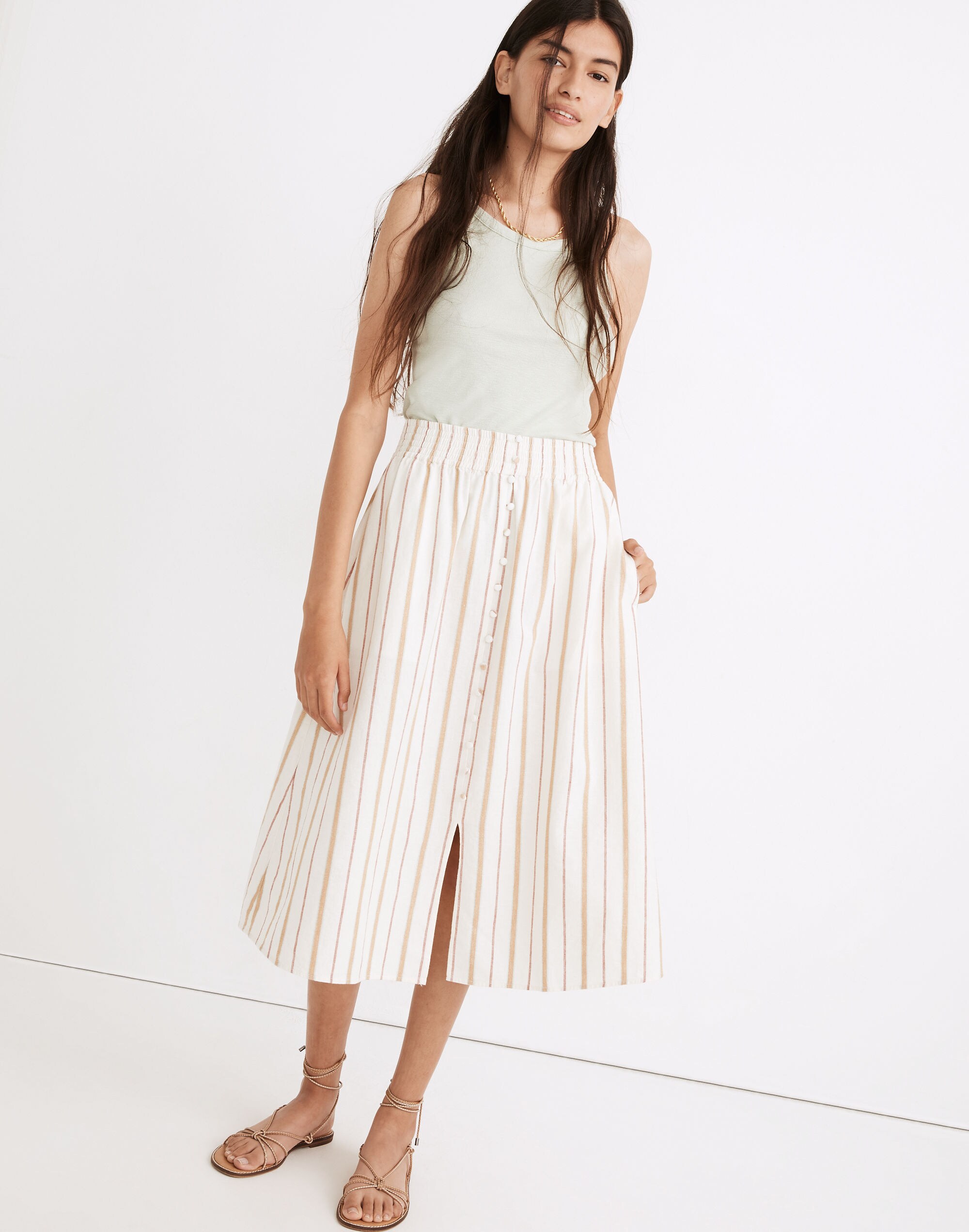 Linen-Cotton Smocked-Waist Button-Front Midi Skirt