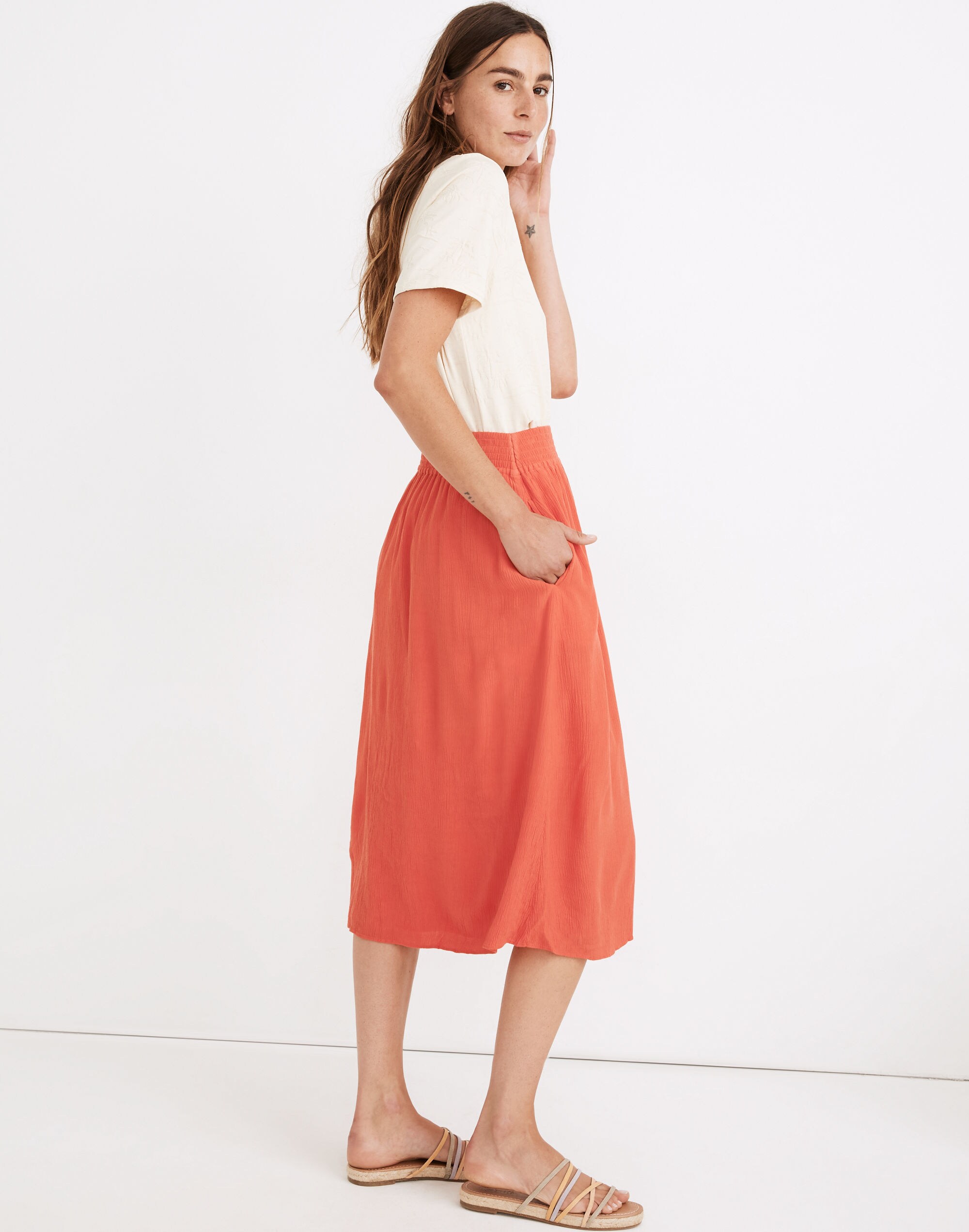 Smocked-Waist Button-Front Midi Skirt