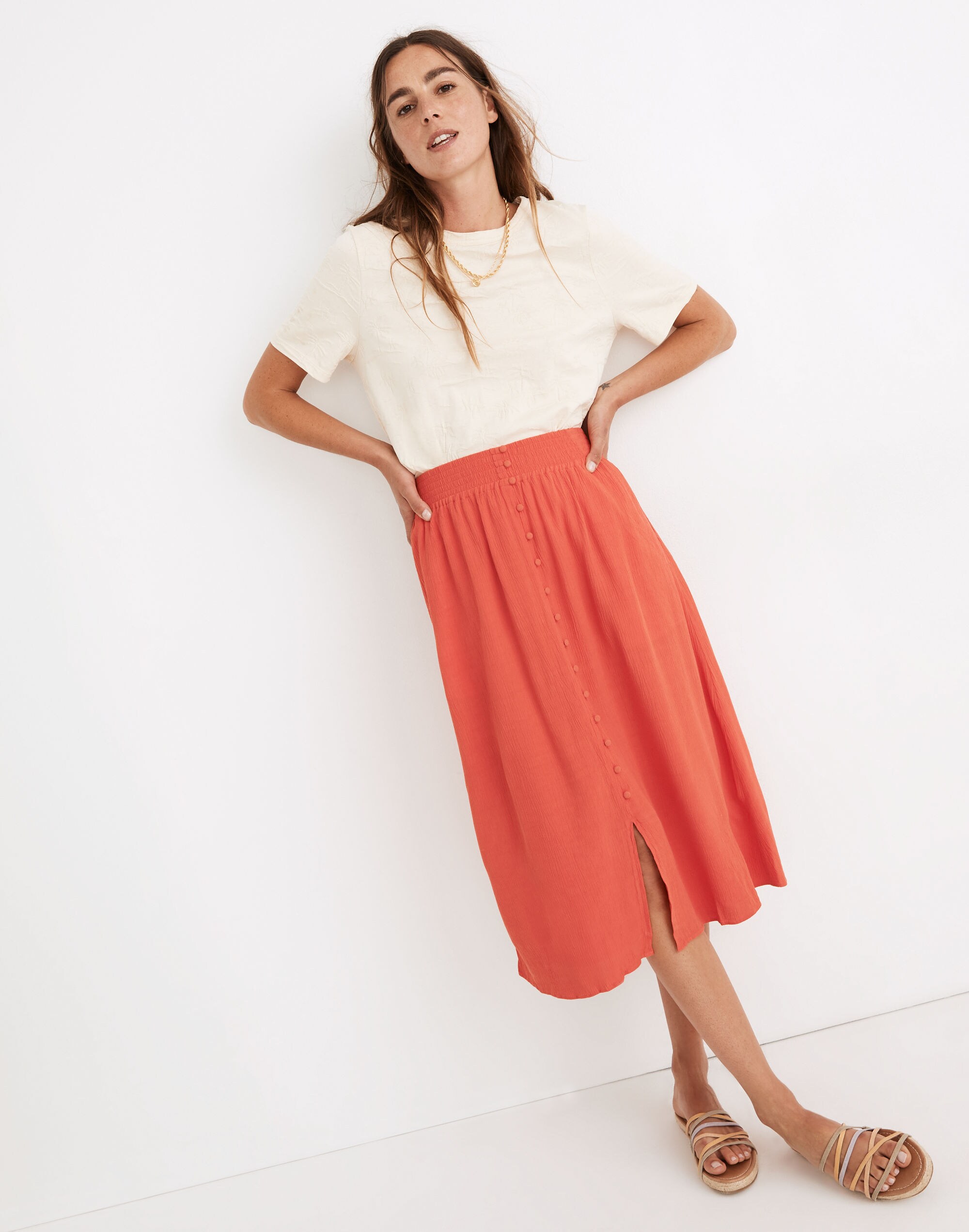 Smocked-Waist Button-Front Midi Skirt