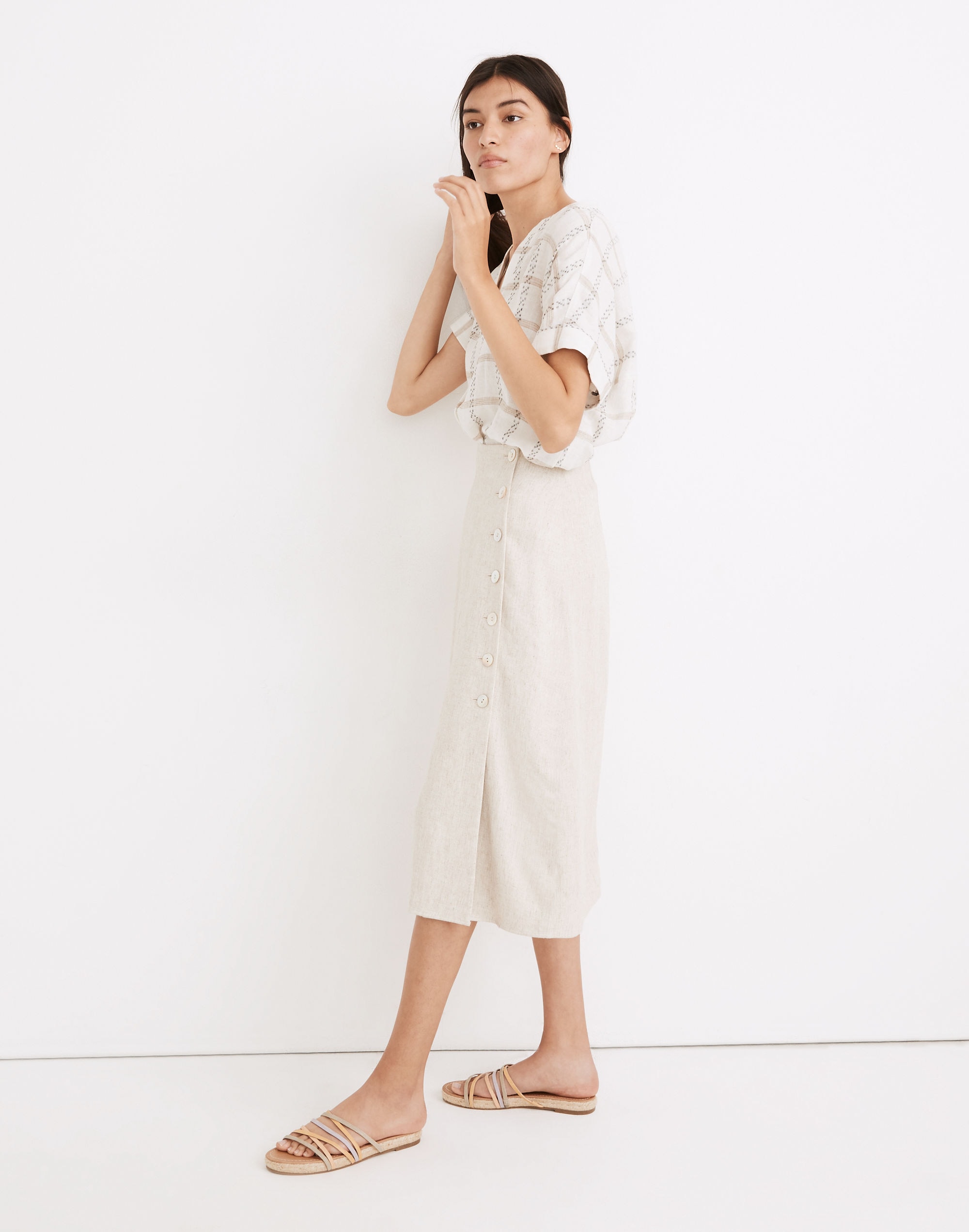 Undyed Linen-Blend Side-Button Midi Skirt
