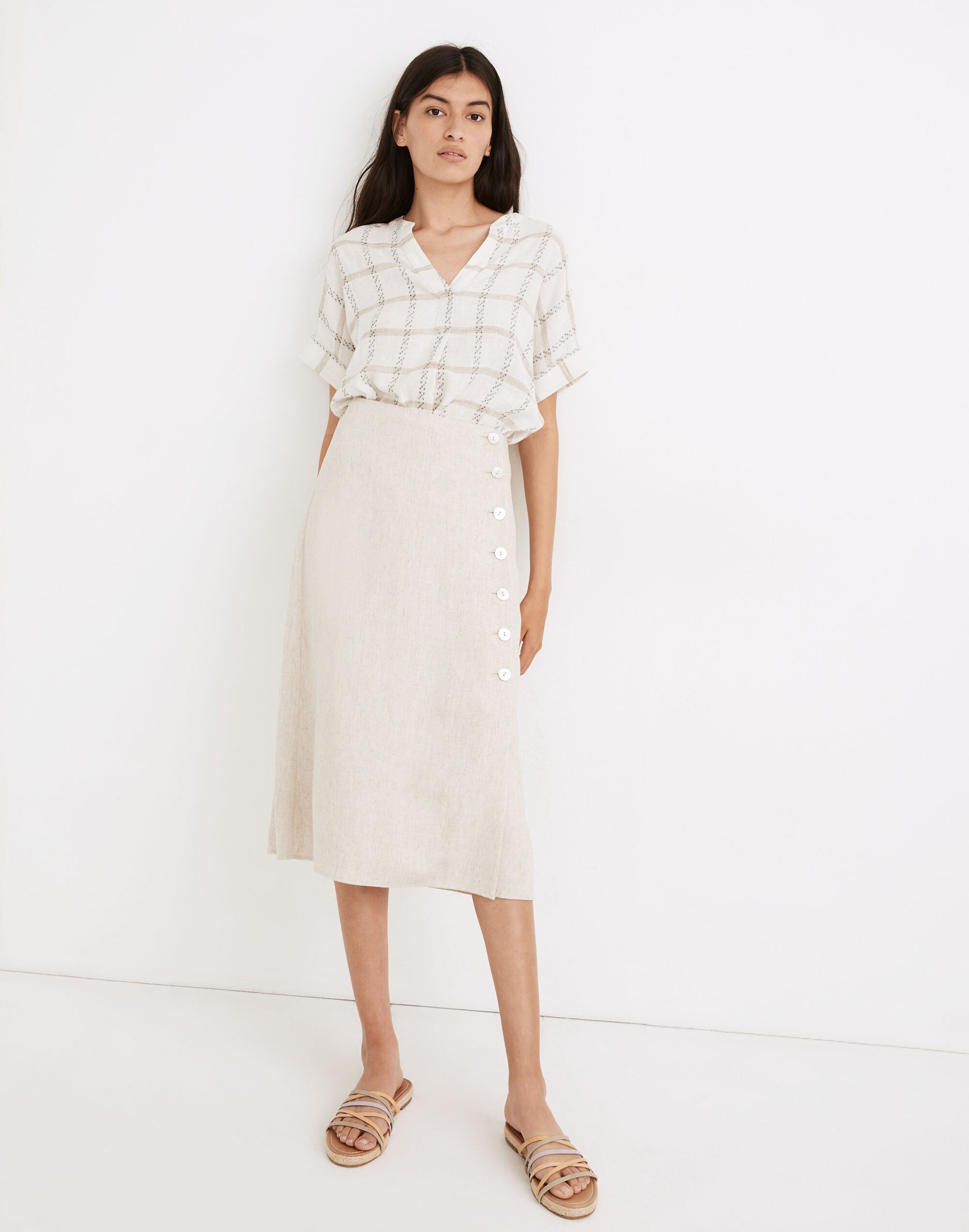 undyed linen-blend side-button midi skirt