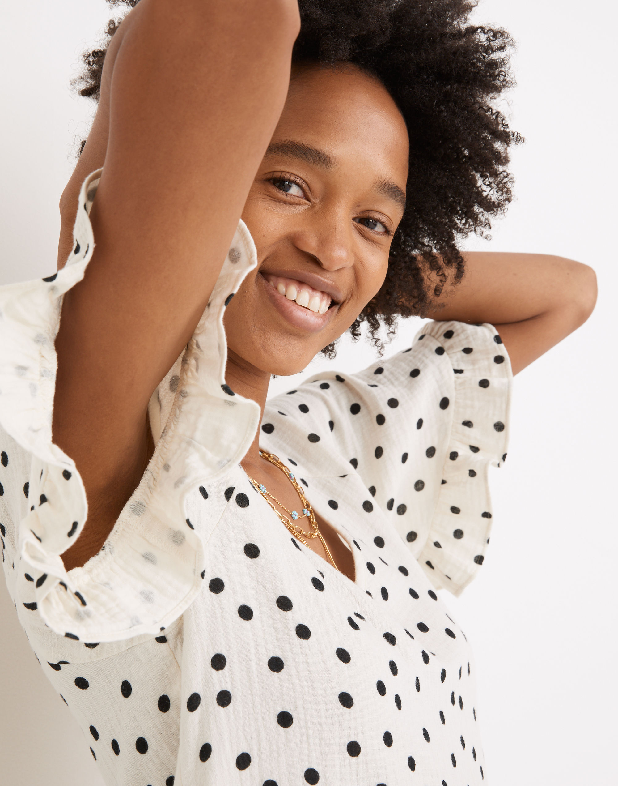 Lightspun Ruffle-Sleeve Babydoll Dress in Dot Toss